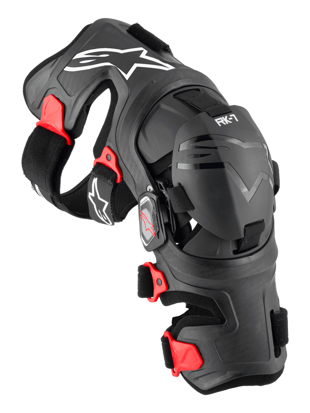 Rodillera Alpinestars RK-7 Plasma, protector de rodilla para motocross, negra con detalles rojos y logotipos blancos, estructura ergonómica reforzada con fibra con correas ajustables y sistema de bisagra de cuatro puntos, equipo de protección duradero para off-road