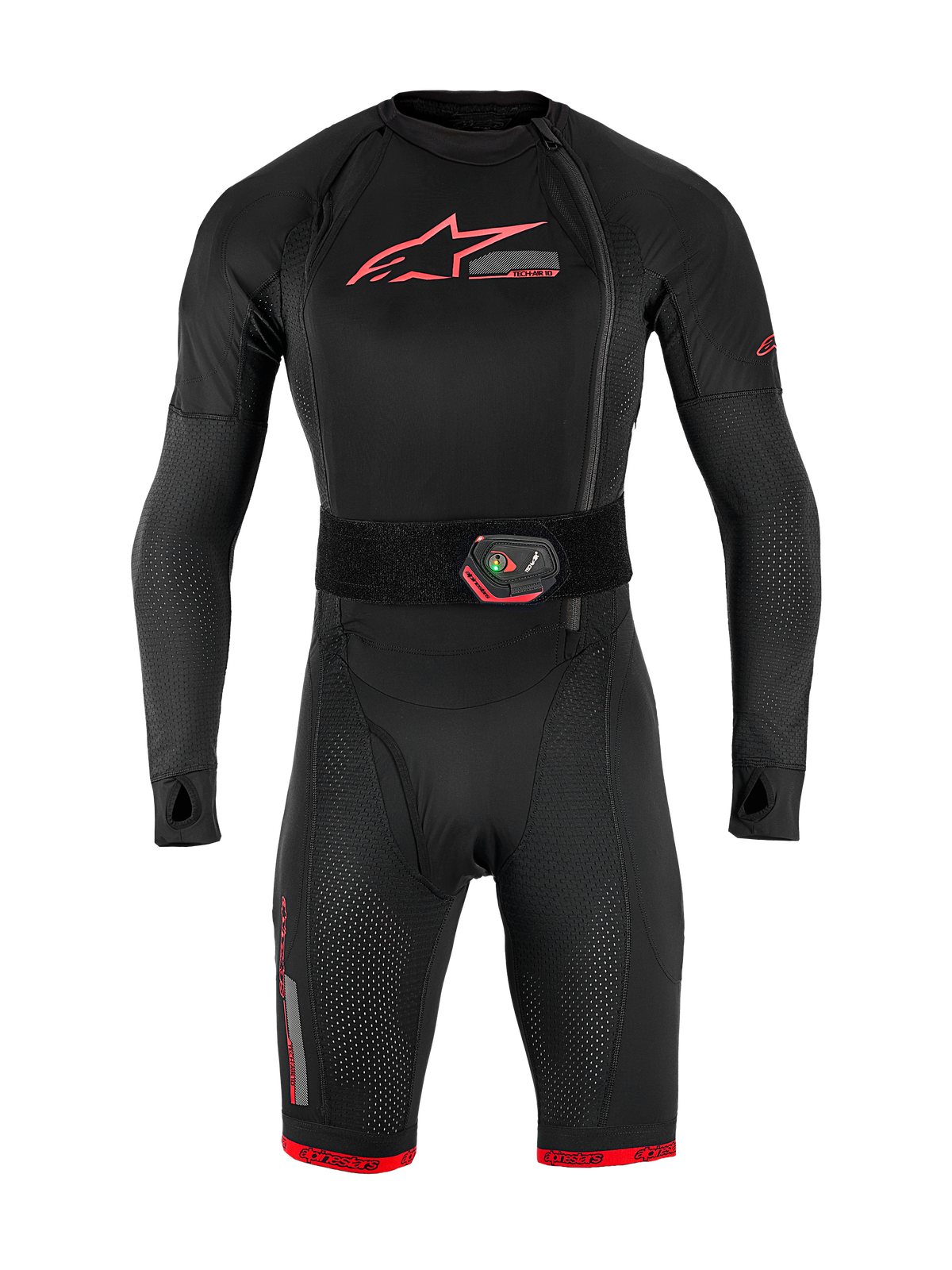 Sistema de airbag Tech-Air® 10 V2 Race, capa base negra con detalles rojos y cinturón de activación con LED integrado.