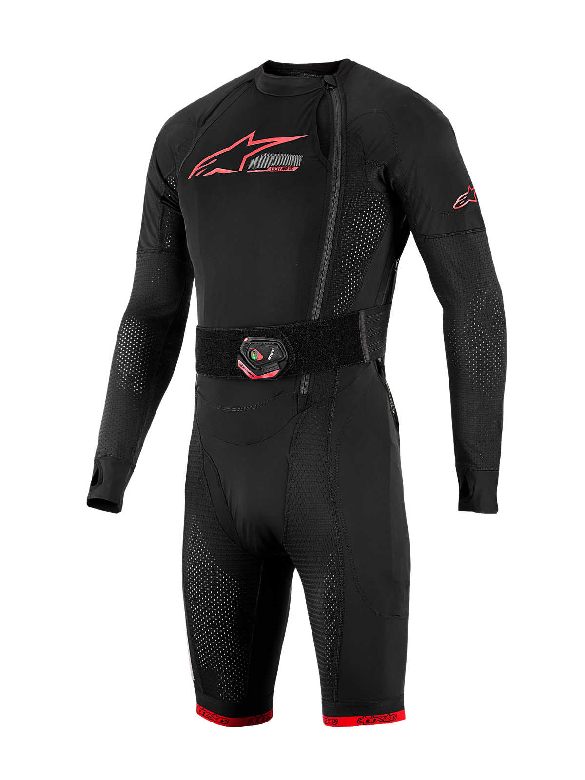 Sistema de airbag Tech-Air 10 V2 Race, capa base negra con logos rojos, cinturón de activación LED y malla transpirable.