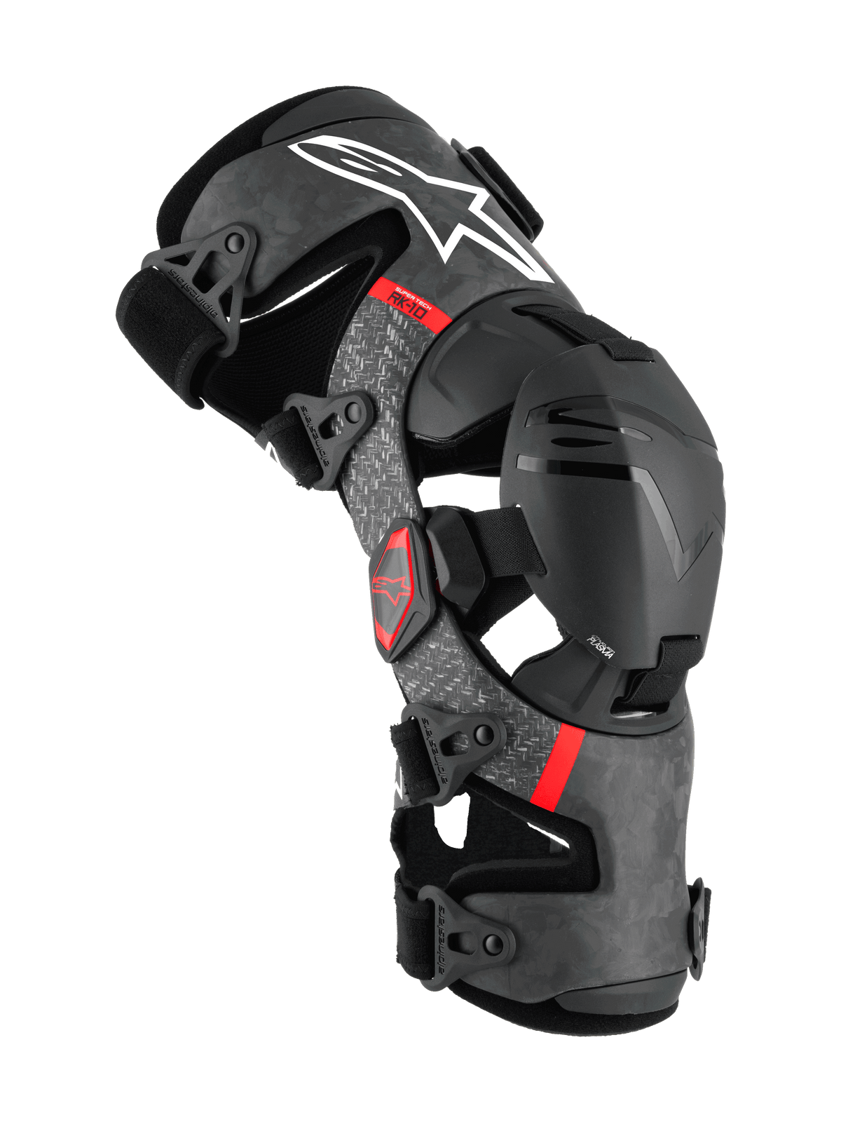 Alpinestars Supertech RK-10 Plasma, rodillera de protección para motocross, negra con estructura de fibra de carbono forjada y detalles grises, logotipos en rojo, sistema de soporte articulado con correas ajustables, protección premium para off-road