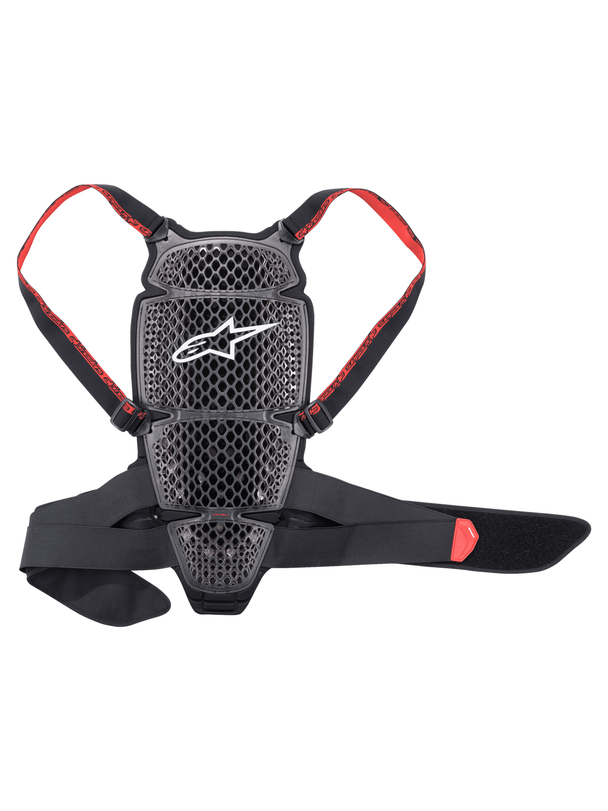Alpinestars Nucleon KR-Cell Protector, protector de espalda para moto, negro humo y rojo, con rejilla de panal perforada y logotipo blanco de Alpinestars, correas rojas ajustables con la marca y cinturón lumbar negro, diseño ergonómico ventilado