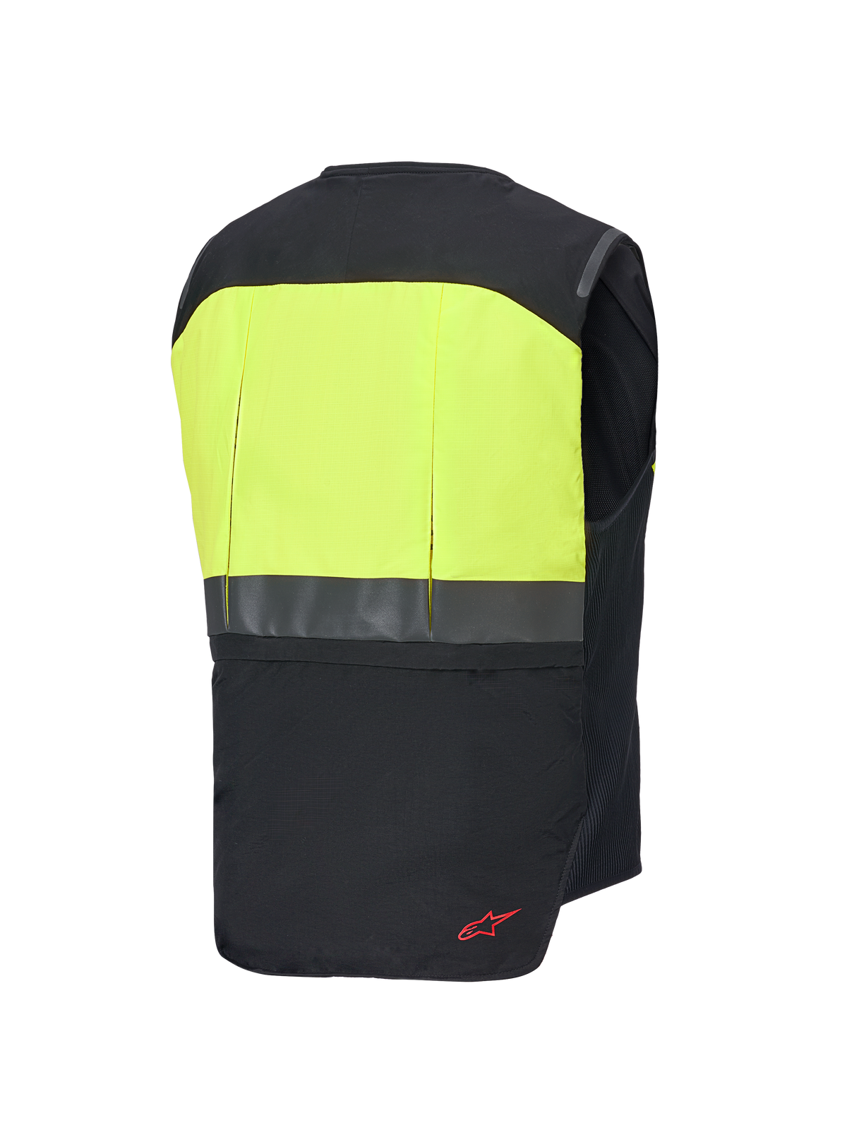 Sistema Alpinestars Tech-Air® 3 V2, chaleco airbag para moto, vista trasera, negro y amarillo flúor, con panel superior de la espalda en amarillo de alta visibilidad, franja horizontal reflectante y detalle del logo en rojo