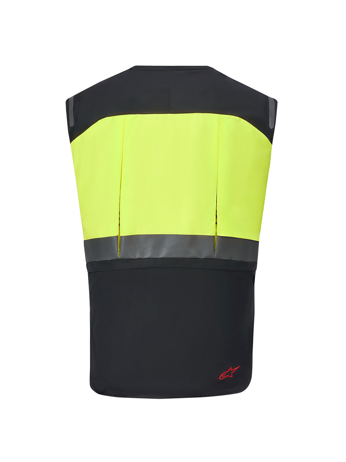 Sistema Alpinestars Tech-Air® 3 V2, chaleco airbag para moto, negro y amarillo flúor, vista trasera con sección superior amarilla de alta visibilidad y franja horizontal reflectante, equipo de protección ligero y delgado para touring y desplazamientos diarios