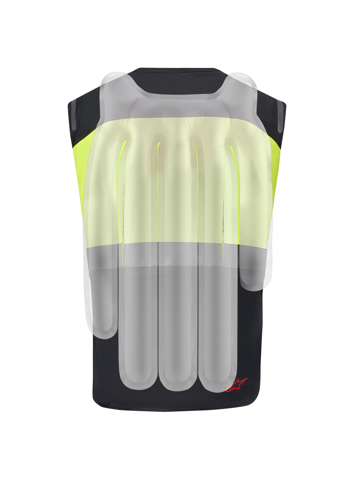 Sistema Alpinestars Tech-Air® 3 V2, chaleco airbag para moto, negro y amarillo flúor, vista trasera con una capa translúcida que muestra las cámaras de aire internas para la protección de la espalda y los hombros