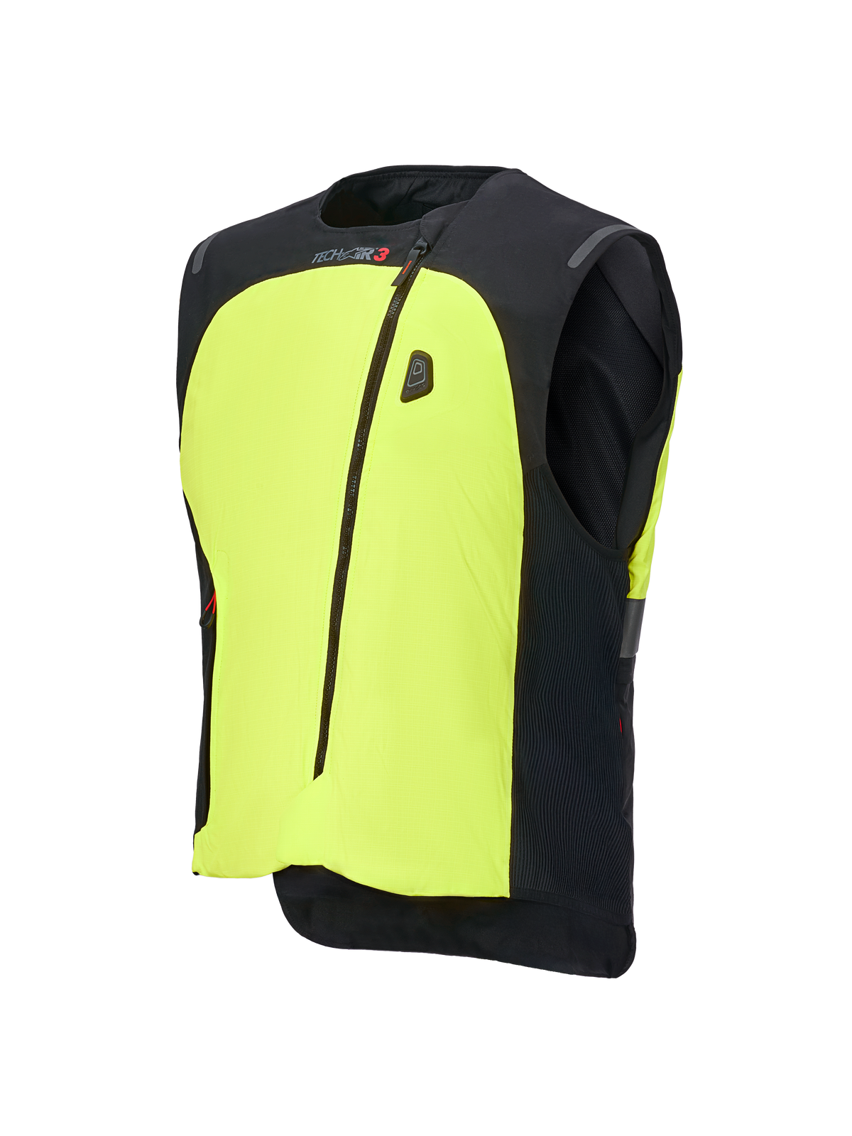 Alpinestars Tech-Air® 3 V2 System, chaleco airbag para moto, negro y amarillo flúor, con un panel frontal amarillo neón prominente, cremallera central, indicador LED de estado integrado y marca Tech-Air, protección de airbag autónoma y ligera para conducción en carretera