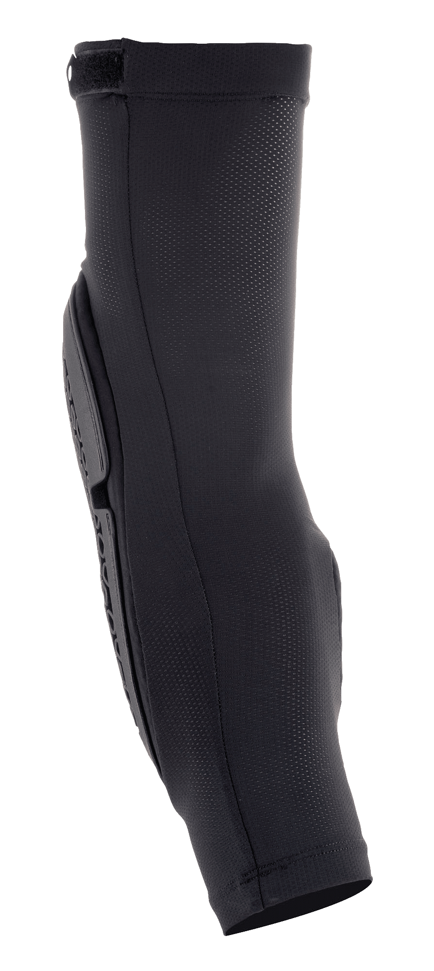 Alpinestars Bionic Flex Elbow Protector, Motocross Elbow Guard, Black, side profile view, breathable stretch mesh sleeve, ergonomically profiled protector plate, slip-on design for impact protection