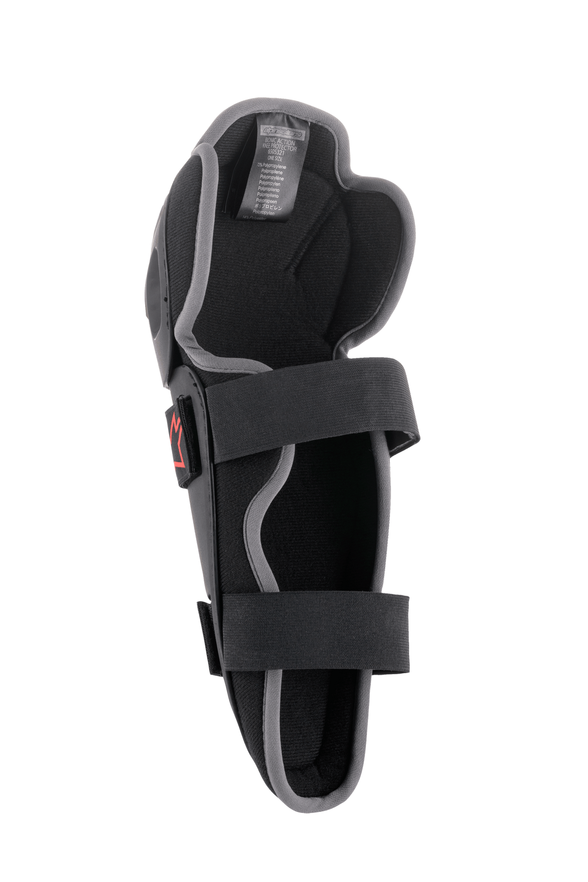 Alpinestars Bionic Action Knee Protector, rodillera de motocross, negro y gris, vista interior con sistema de doble correa elástica, acolchado de espuma y diseño ergonómico asimétrico para conducción off-road