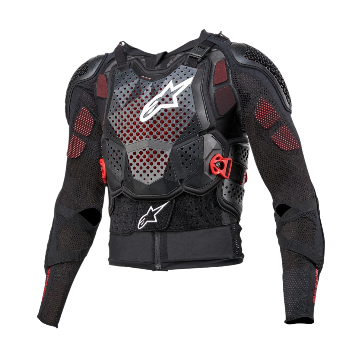 Alpinestars Bionic Tech V3 Protection Jacket, chaqueta de protección para moto, negra con detalles blancos y rojos, con protector de pecho perforado con logo de estrella blanco, hebillas rojas ajustables, protecciones integradas en hombros y codos, y capa base de malla transpirable