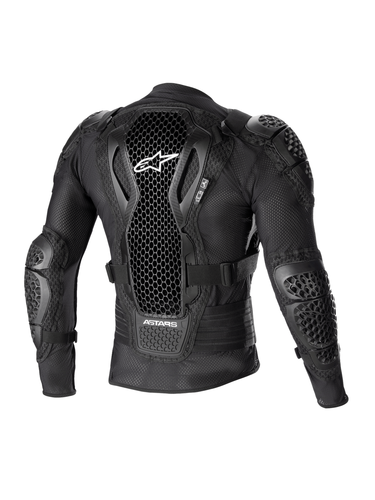 Chaqueta de protección Alpinestars Bionic Action V2, vista trasera, negro, con protector de espalda de tecnología Cell perforado con logotipo blanco, construcción de malla con protecciones integradas en hombros y codos, diseñada para protección en motocross y off-road