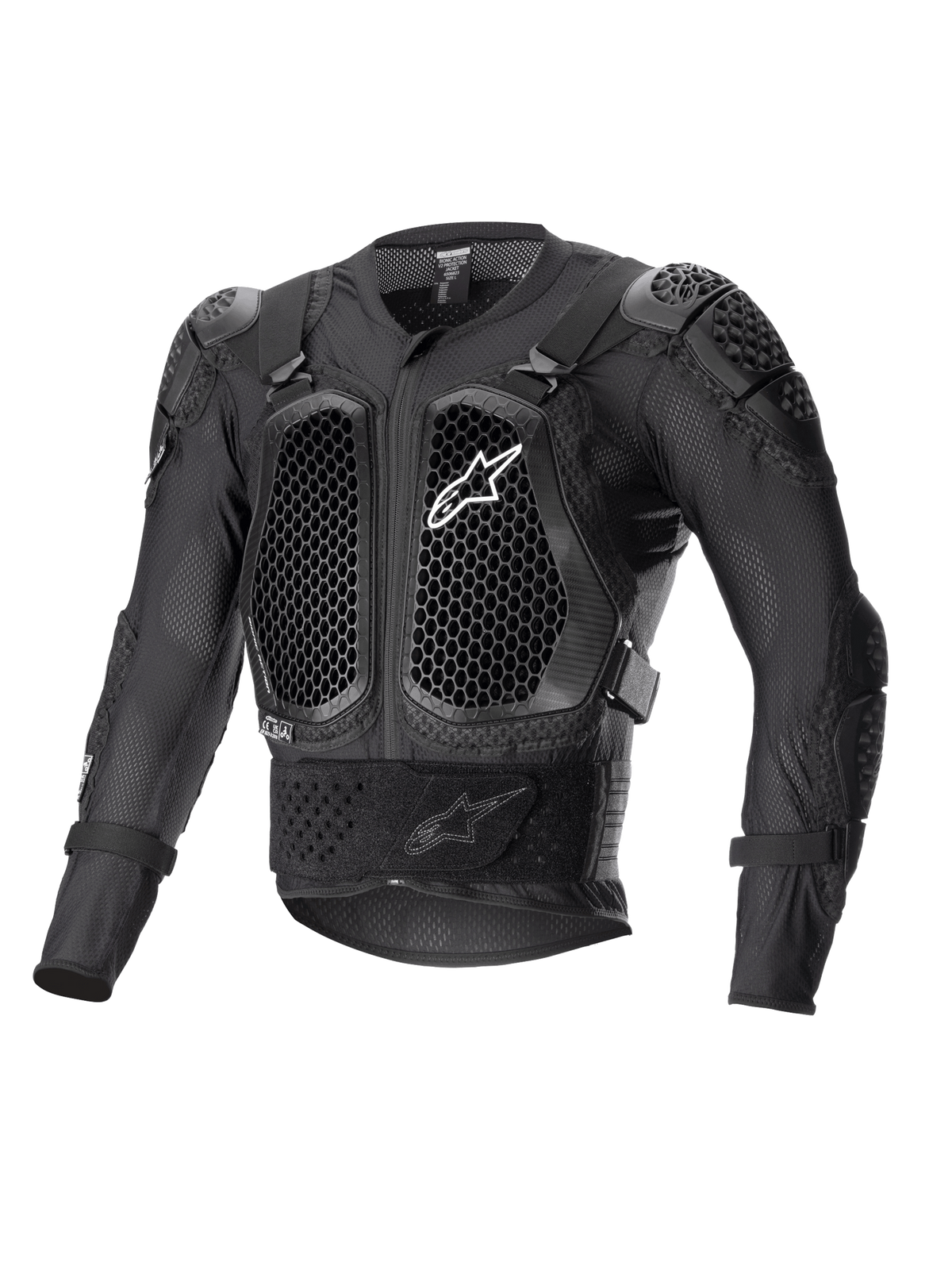 Chaqueta de protección Alpinestars Bionic Action V2, negra, con protectores de pecho y codos con tecnología Cell con patrón de panal, construcción de malla transpirable, logotipo de Alpinestars en blanco en el pecho, equipo de protección para motocross