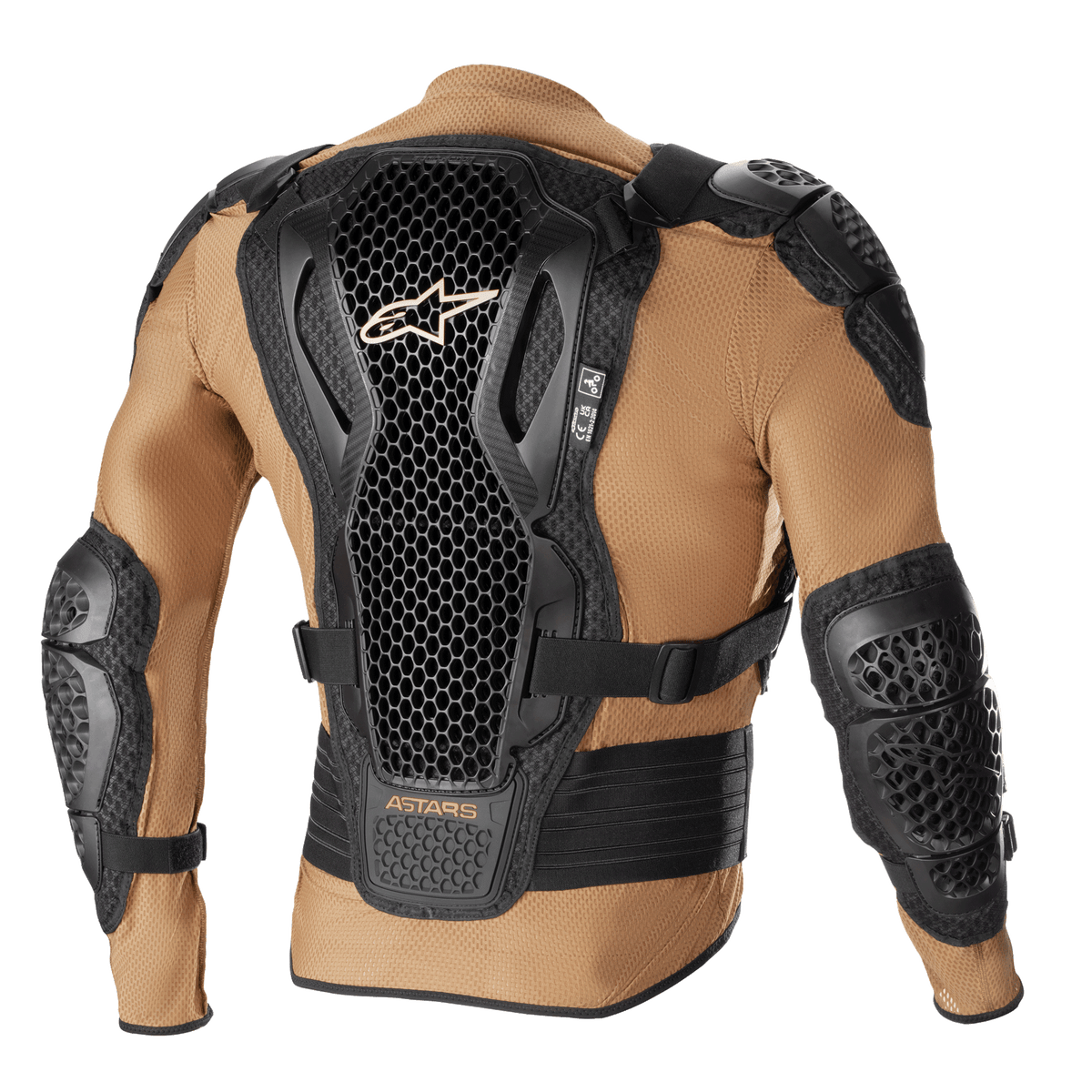 Chaqueta protectora Alpinestars Bionic Action V2, Arena, Negro y Mandarina, vista posterior que muestra el protector de espalda con tecnología Cell y diseño de panal, protecciones integradas en hombros y codos, y construcción de malla transpirable en color arena.