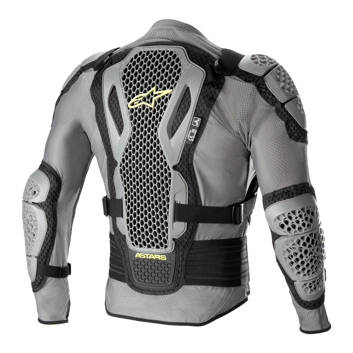 Chaqueta de protección Alpinestars Bionic Action V2, vista posterior, gris y negra con detalles en amarillo flúor, con protectores de espalda, hombros y codos con tecnología Cell altamente perforada, chasis de malla gris con correas ajustables negras y logotipo Astars en amarillo