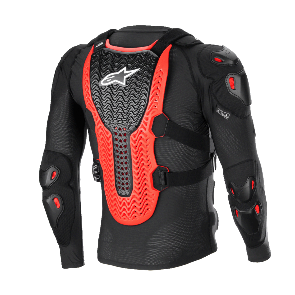 Chaqueta de protección Alpinestars Bionic XTR Plasma, negro, rojo y blanco, vista trasera que muestra el gran protector de espalda Nucleon PLASMA acanalado, acolchado en hombros y codos, construcción de malla negra para protección en motocross off-road