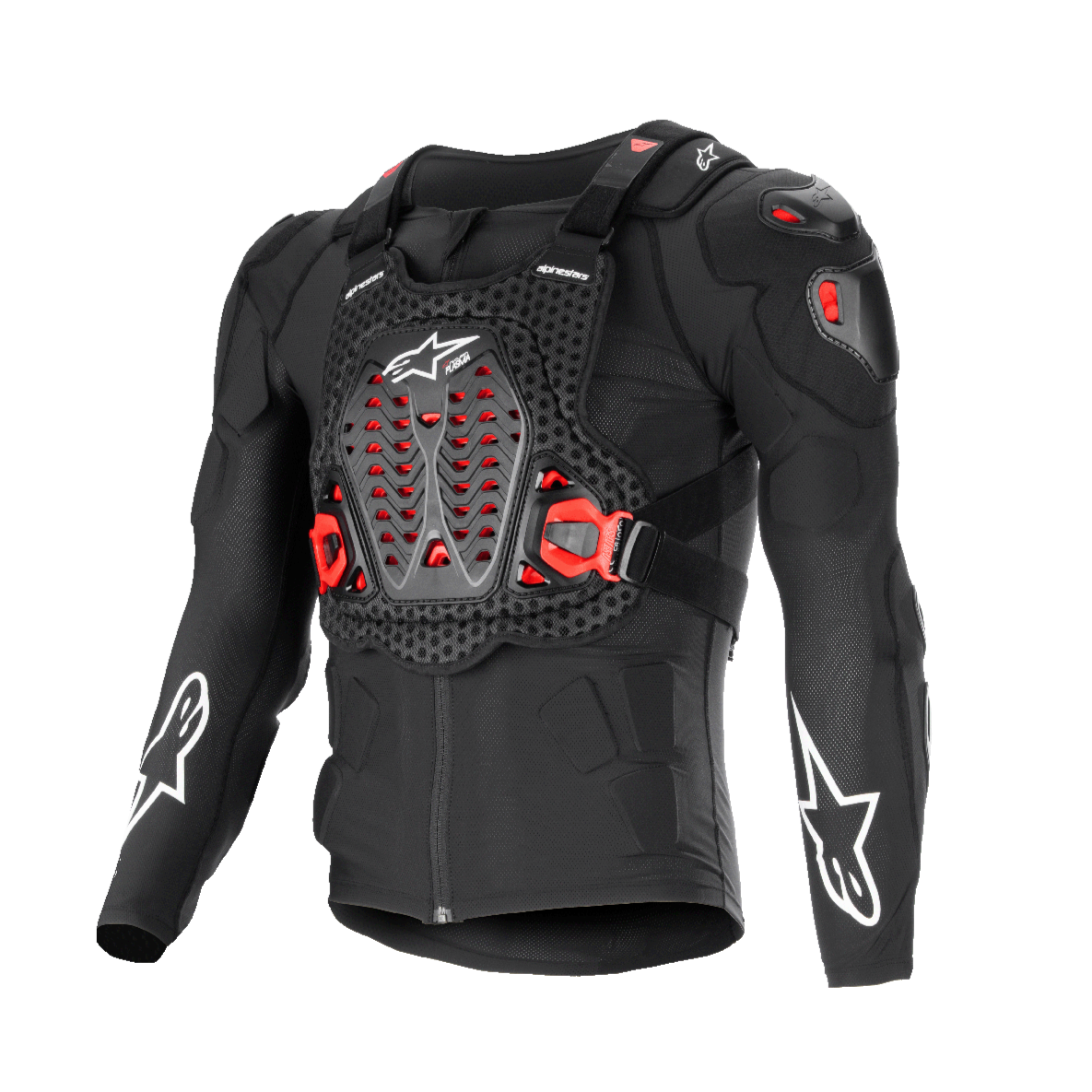 Alpinestars Bionic XTR Plasma Protection Jacket, chaqueta de protección para moto, negra con detalles en rojo y blanco, chasis con textura de malla transpirable, placa pectoral ventilada con inserciones rojas Nucleon PLASMA, logotipos de estrella blancos en las mangas, hebillas laterales ajustables, equipamiento off-road de alto impacto