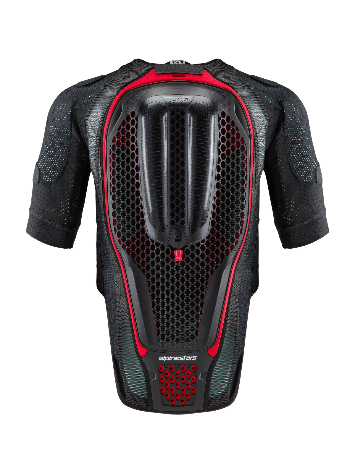 Alpinestars Tech-Air® 7X System, chaleco airbag autónomo para motocicleta, negro y rojo, vista trasera que muestra el protector de espalda integrado con diseño de nido de abeja y construcción de malla ventilada para conducción en pista y carretera
