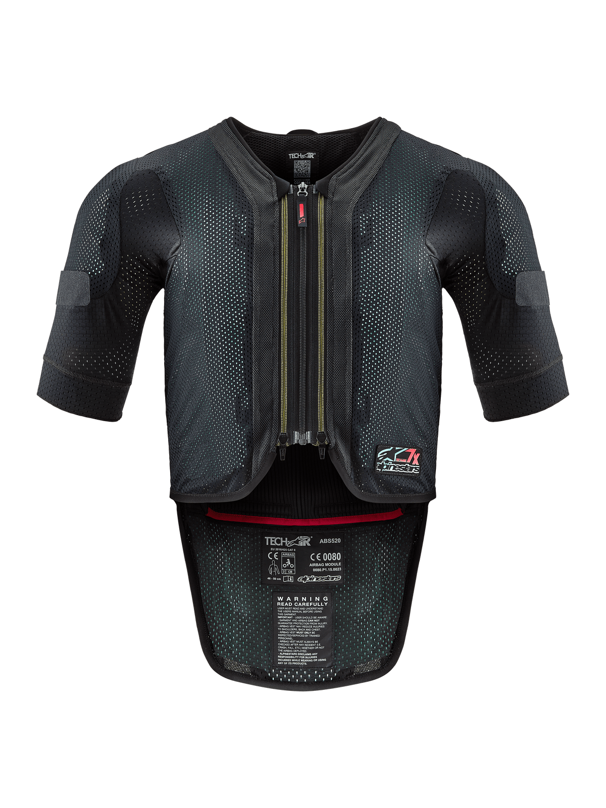 Sistema Alpinestars Tech-Air® 7X, chaleco airbag para motocicleta, negro y rojo, vista frontal con chasis de malla ventilada, cremallera central con tirador rojo y etiquetas de certificación internas, protección de alto rendimiento para conducción en pista y carretera