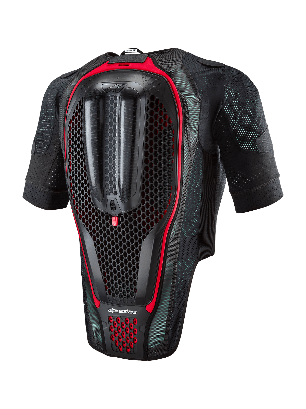 Sistema Alpinestars Tech-Air® 7X, chaleco airbag de moto, vista trasera que muestra el protector de espalda integrado con textura de panal, tejido de malla negro con detalles rojos, equipo de seguridad ergonómico para carreras en carretera y días de pista
