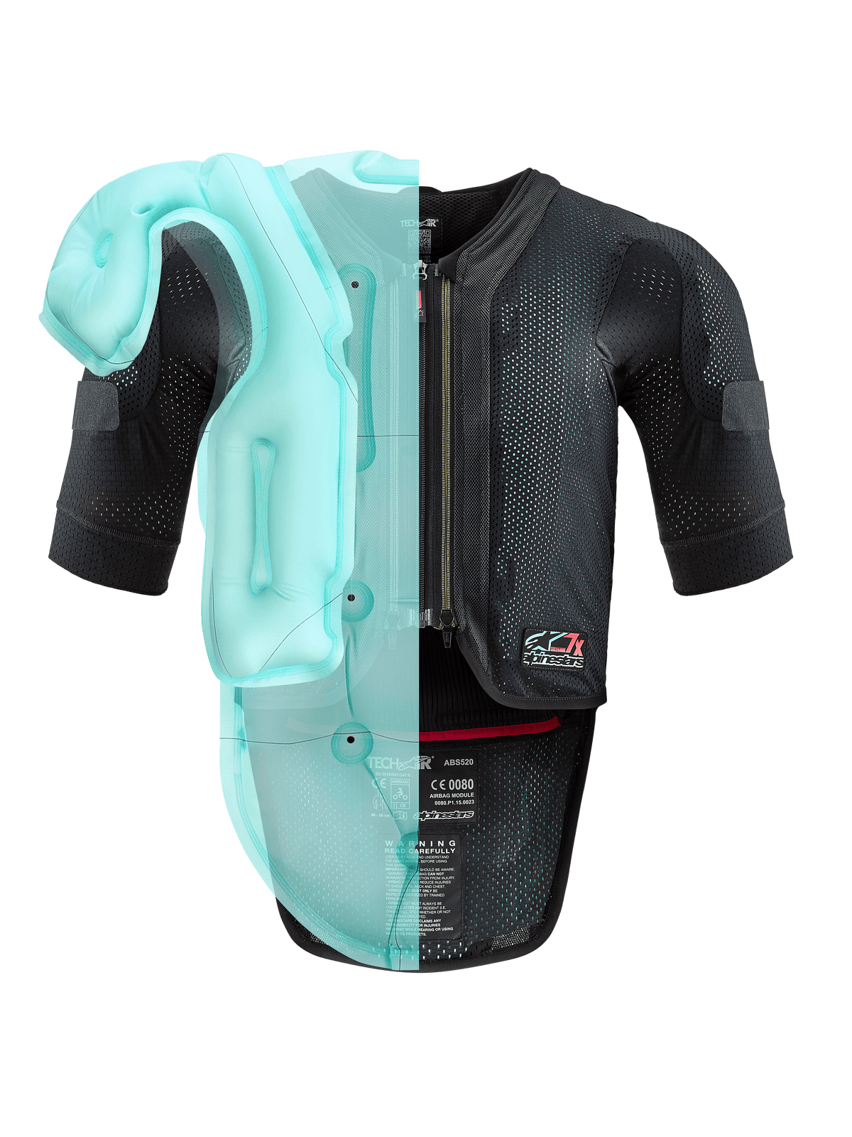 Sistema Alpinestars Tech-Air® 7X, chaleco airbag autónomo para moto, chasis de malla negra con una visualización translúcida en azul claro de la bolsa de aire interna, equipamiento técnico de protección con mangas cortas y protector de espalda integrado