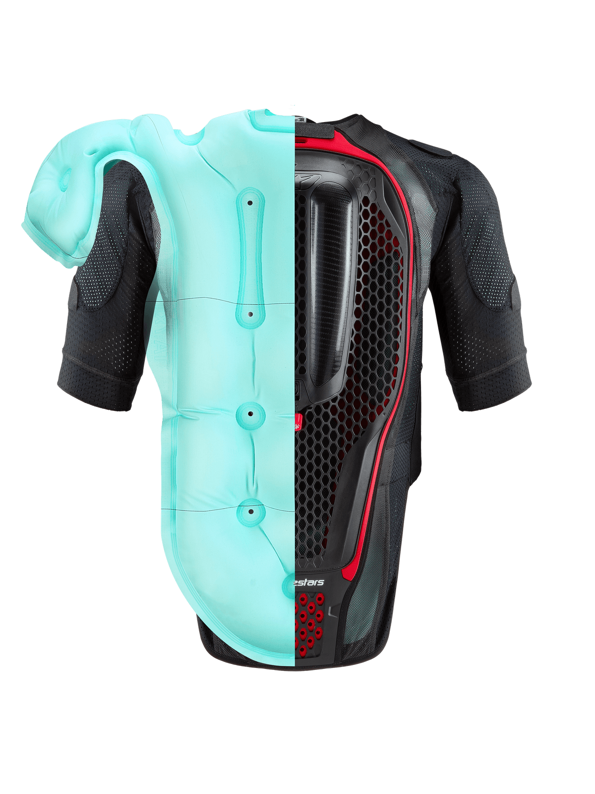 Sistema Alpinestars Tech-Air® 7X, chaleco airbag para motocicleta, negro y rojo, vista trasera con imagen dividida de la bolsa de airbag inflada azul claro y el protector de espalda interno de panal, protección de alto rendimiento para circuito y calle.