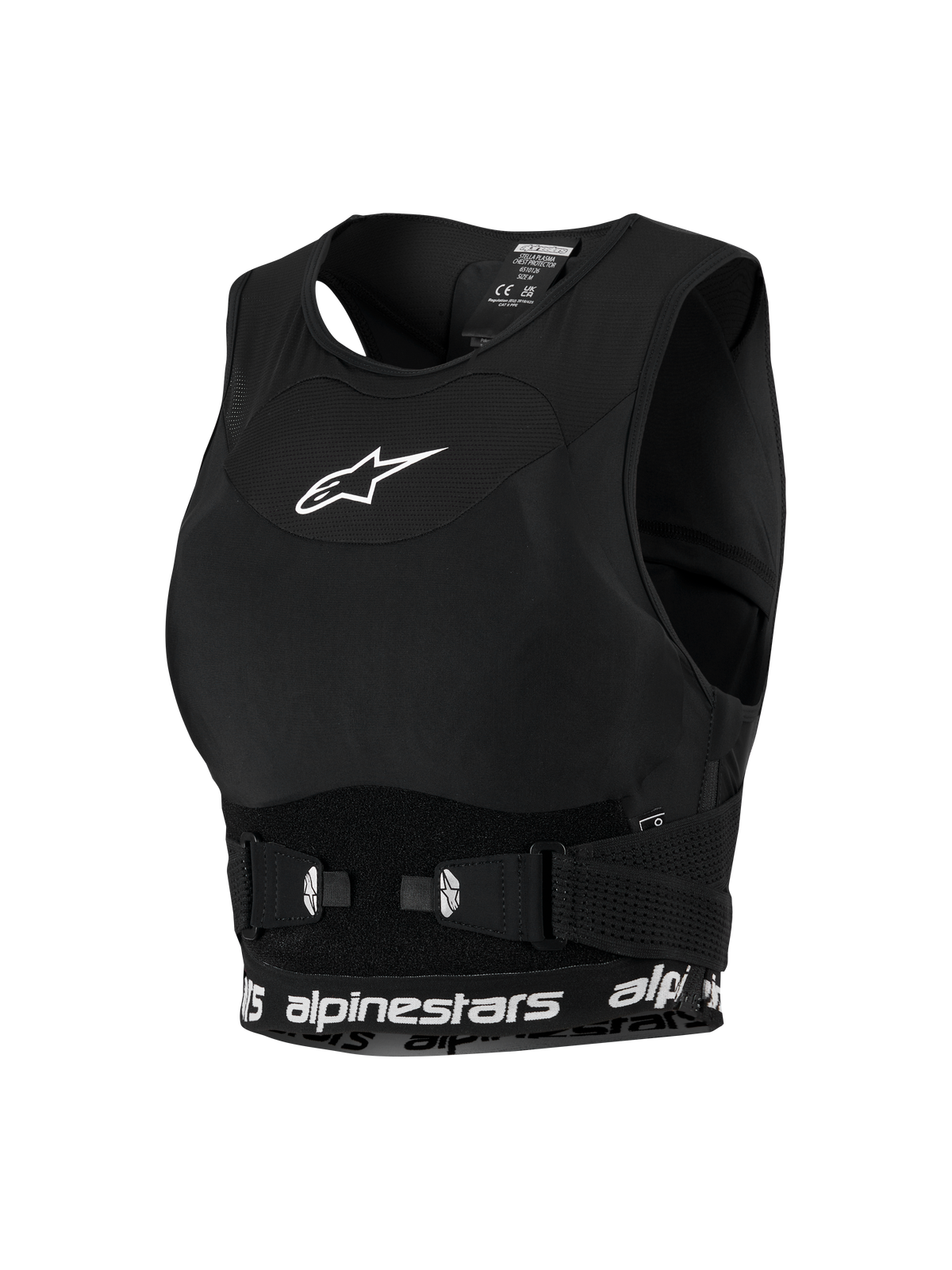 Alpinestars Stella Plasma Chest Protector, protector de pecho de motocross para mujer, negro con detalles blancos, chasis de malla estilo sujetador deportivo, con logotipo de estrella blanca en el pecho y banda inferior con la marca, hebillas laterales ajustables para un ajuste seguro