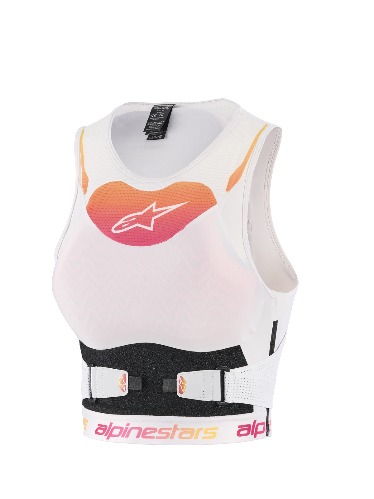 Alpinestars Stella Plasma Chest Protector, Women's Motocross Protective Vest, White with Orange and Pink Gradient Logo, Breathable Mesh Construction with Adjustable V-Belt Straps, Ergonomic Off-Road Body Armor