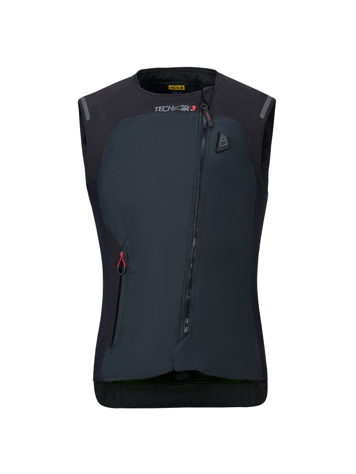 Sistema Alpinestars Stella Tech-Air 3 V2 para mujer, chaleco airbag de moto negro, vista frontal, con una cremallera diagonal, marca Tech-Air 3 e indicador de estado LED en el pecho