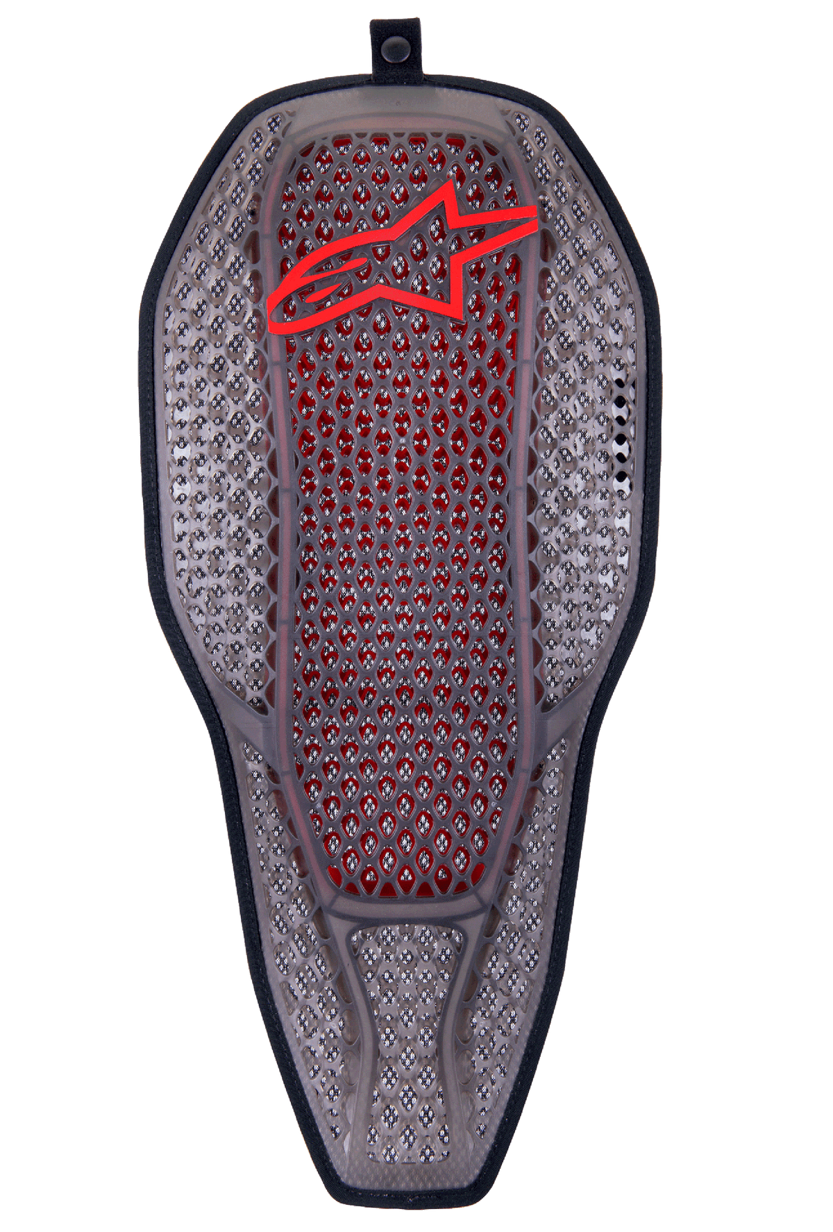 Alpinestars Nucleon Flex Proi Full Back Protector Insert, protector de espalda integral, color gris humo transparente con núcleo rojo, estructura hexagonal con logo rojo superior, forma ergonómica alargada y ventilación avanzada para motociclismo