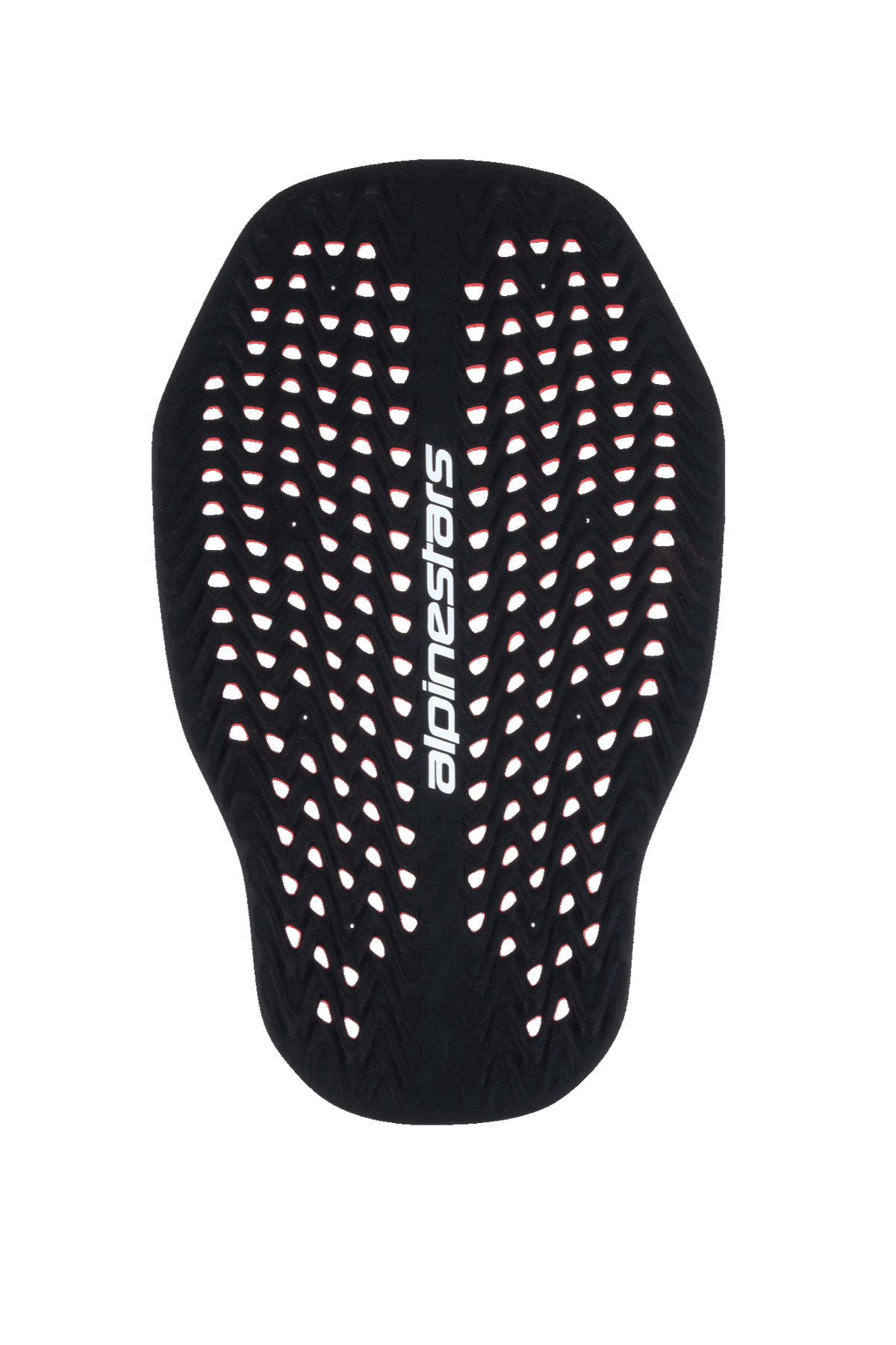 Inserto protector de espalda Alpinestars Nucleon Plasma, protector de espalda para moto en negro y rojo, estructura de panal altamente perforada para ventilación, logotipo de Alpinestars vertical en blanco, protección ligera y adaptable contra impactos con certificación CE de Nivel 2.