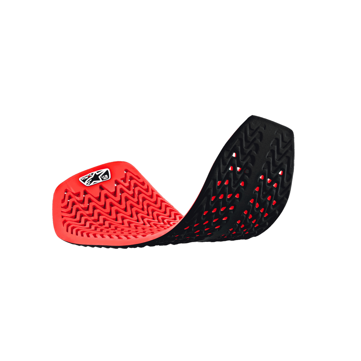 Alpinestars Nucleon Plasma Full Back Protector Insert, rojo y negro, posición curva flexible que muestra el diseño celular perforado, estructura ondulada de absorción de impactos, equipo de protección transpirable para motocicleta