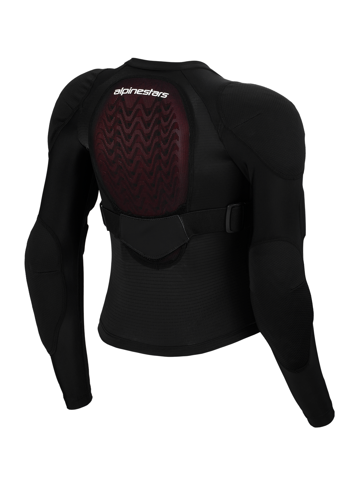 Chaqueta protectora juvenil Alpinestars Bionic Plasma LT, vista posterior, malla negra con protector de espalda Nucleon PLASMA rojo, protecciones integradas en hombros y codos, correa ajustable en la zona media de la espalda, equipo de protección para motocross juvenil