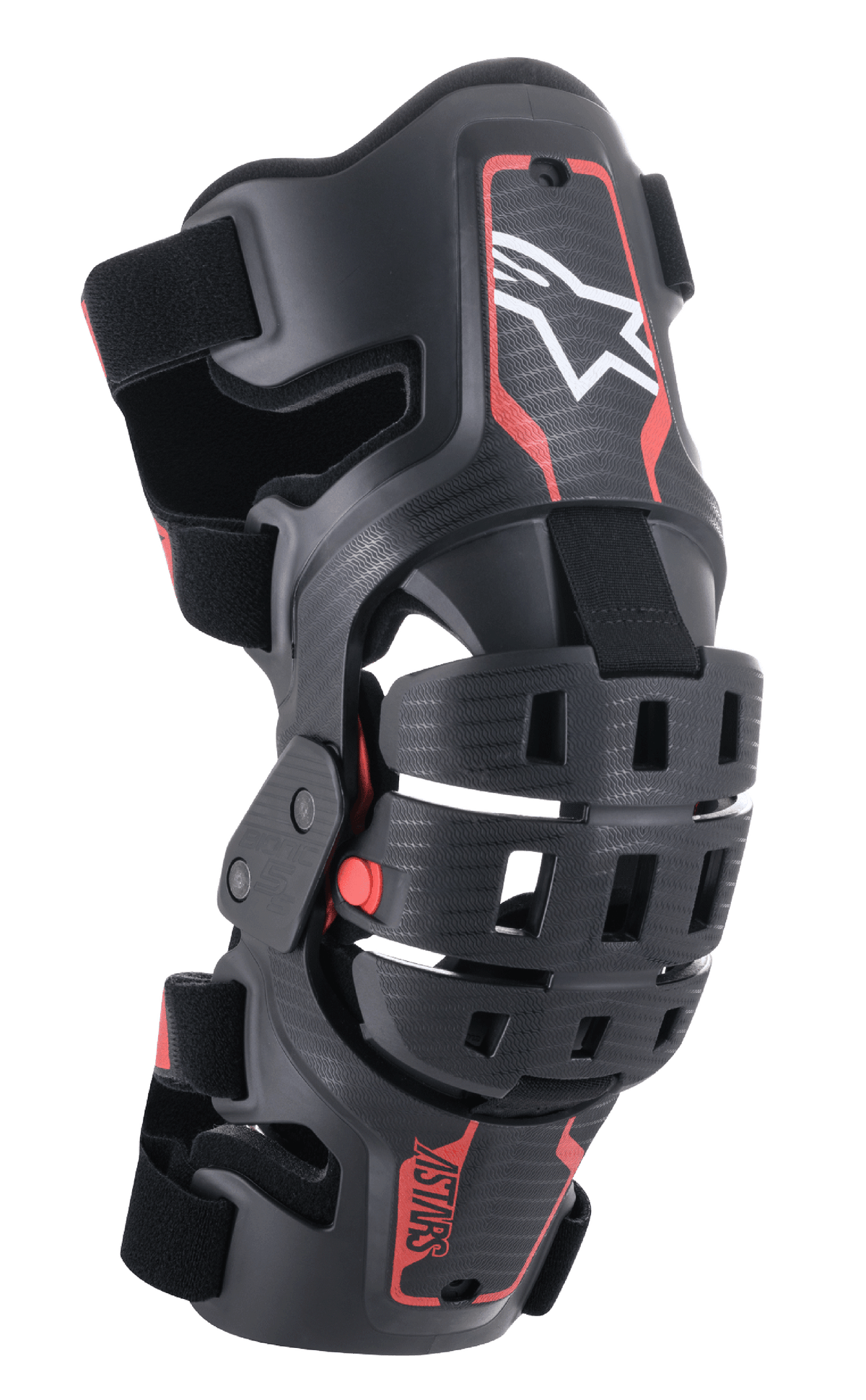 Alpinestars Youth Bionic 5S Knee Brace, Motocross Knee Protector, Black and Red, featuring a white star logo, articulated four-point hinge system, rugged composite frame with adjustable straps, designed for youth off-road racing