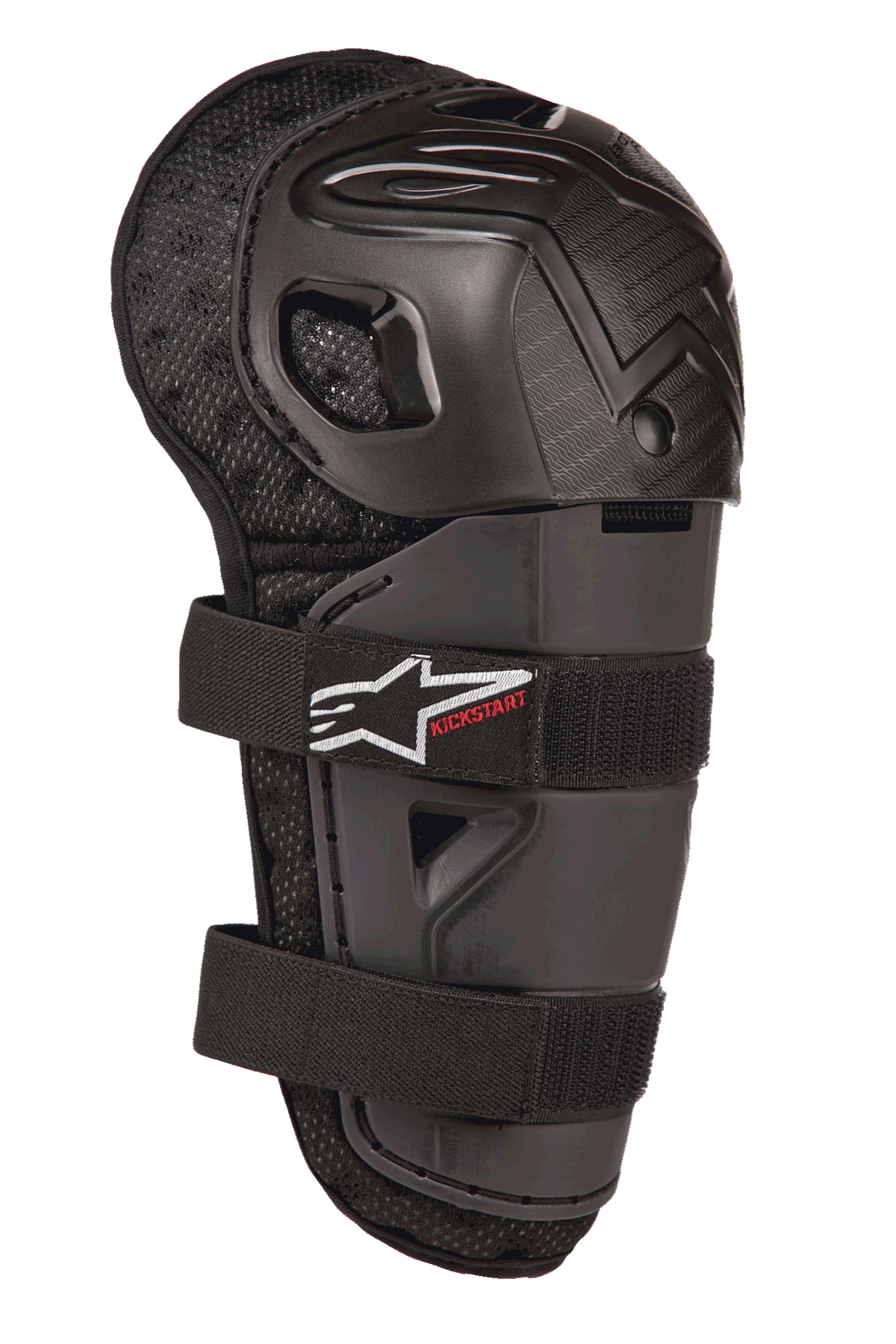 Alpinestars Bionic Action Kickstart Knee Guard, protector de rodilla y espinilla de motocross juvenil, negro, con carcasa de plástico articulada, cierre de doble correa elástica con logo blanco y marca Kickstart en rojo, y respaldo de malla acolchada para protección todoterreno
