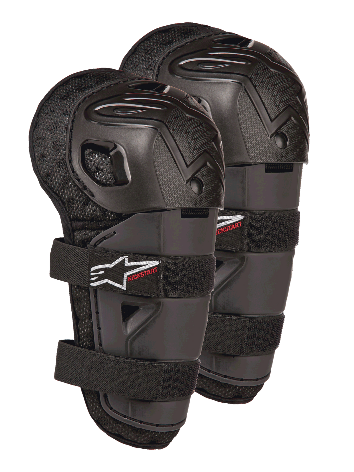 Rodilleras Alpinestars Bionic Action Kickstart, protectores de rodilla y espinilla de motocross para niños, negros con el logo KICKSTART en rojo, carcasa de plástico articulada y correas elásticas dobles, equipo de protección para jóvenes pilotos de todoterreno