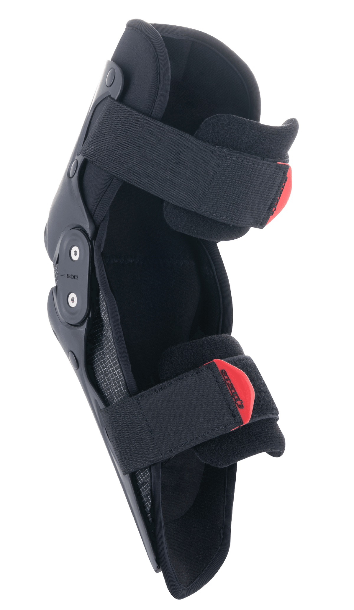 Alpinestars Youth SX-1 Knee Protector, Motocross Knee Guard, Black and Red, featuring a dual pivot hinge system and adjustable dual strap system with red pull-tabs, lightweight and durable protection for young off-road riders.