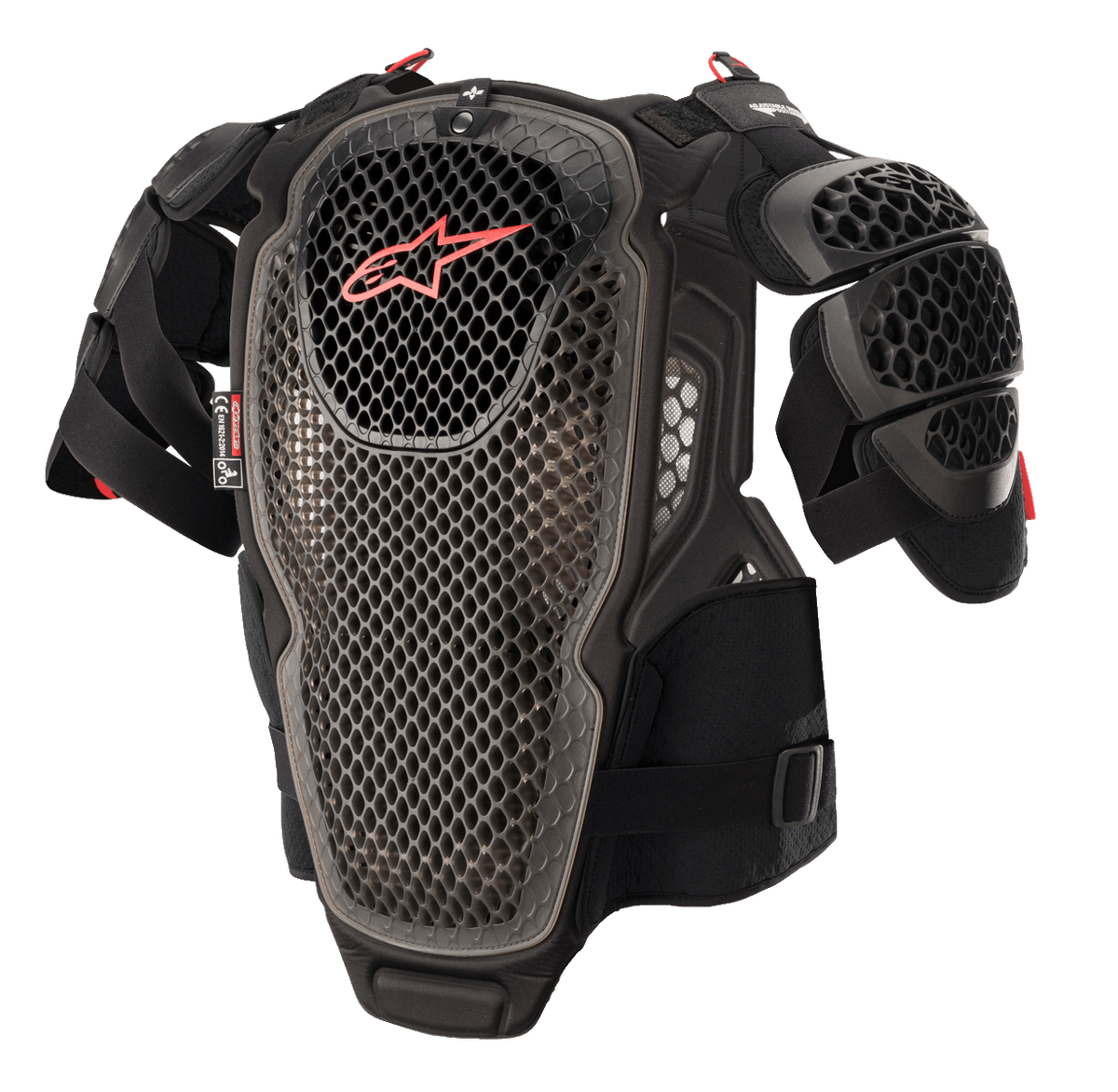 Alpinestars A-6 Chest Protector, armadura de motocross, negro antracita y rojo, con placas de tecnología de celdas perforadas, logotipo de Alpinestars rojo en el pecho, correas ajustables y protectores de hombros extraíbles, equipo de protección para off-road