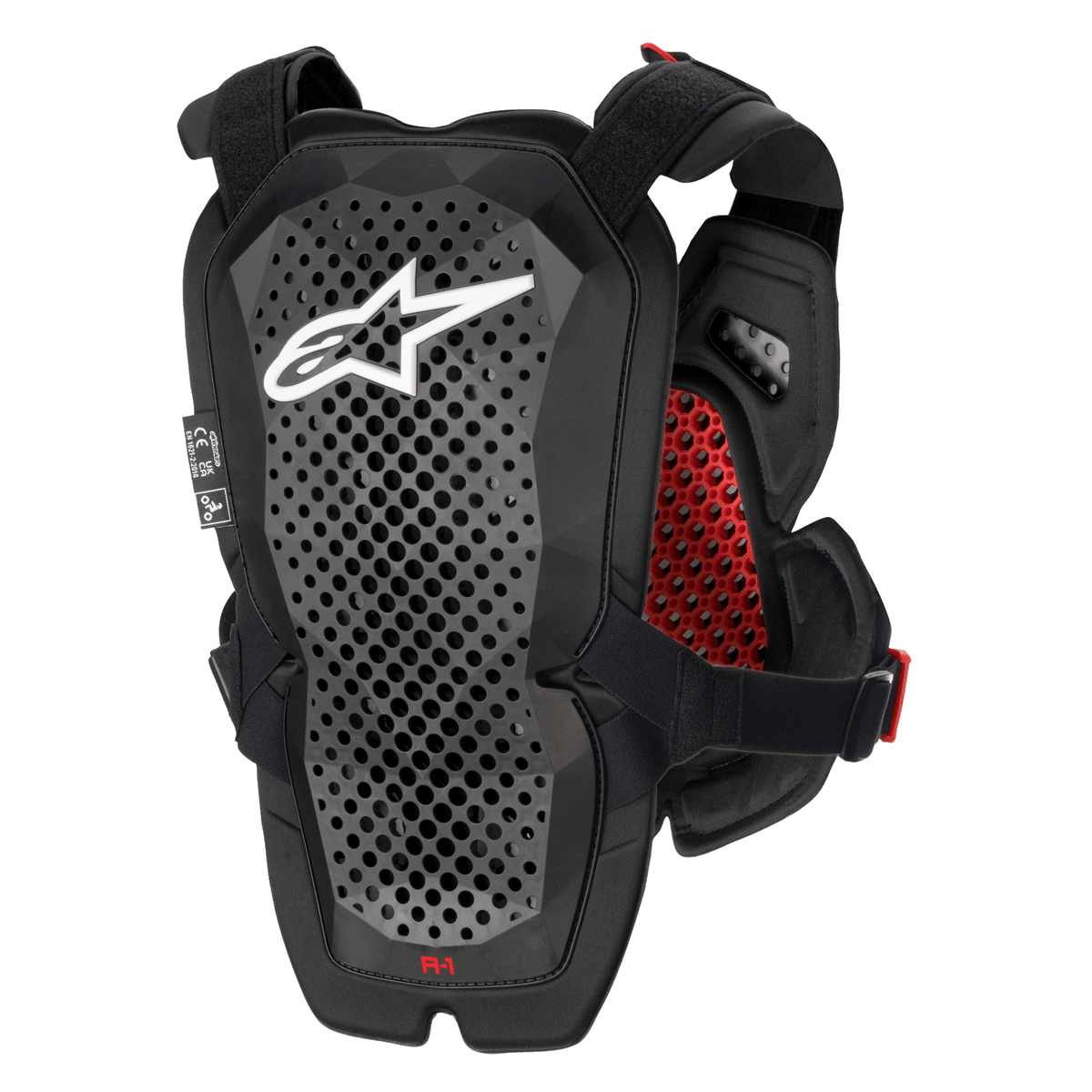 Protector de Pecho Alpinestars A-1 Pro, Gris Antracita y Rojo, vista trasera con el panel protector de espalda, Tecnología de Poliedro perforada para ventilación, logotipo de Astars en blanco, acolchado interior de nido de abeja rojo, equipo de protección para motocross