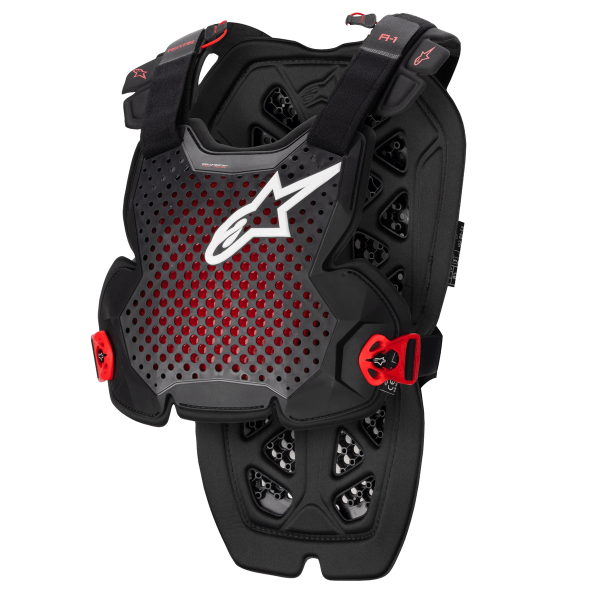 Alpinestars A-1 Pro Chest Protector, negro antracita y rojo, diseño perforado transpirable con logotipo blanco, correas ajustables con hebillas rojas, patrón de ventilación hexagonal, armadura protectora ligera para motocross y conducción off-road