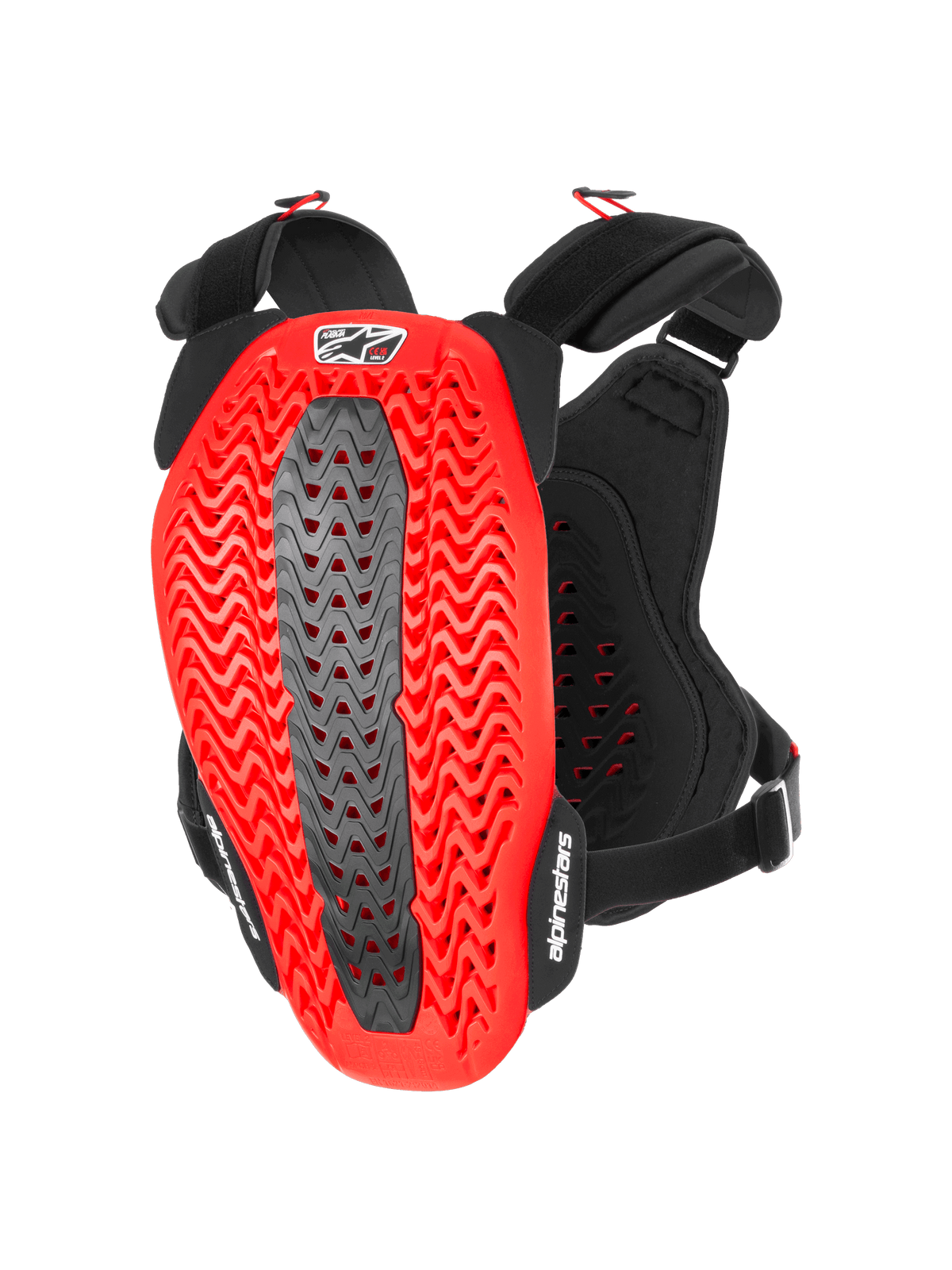 Protector de pecho Alpinestars A-5 Plasma, protector de pecho y espalda para motocicleta, negro y rojo, vista posterior que muestra la carcasa Nucleon PLASMA roja perforada y ondulada con una zona central gris, correas ajustables negras con logotipos blancos, equipo de protección para motocross y conducción off-road