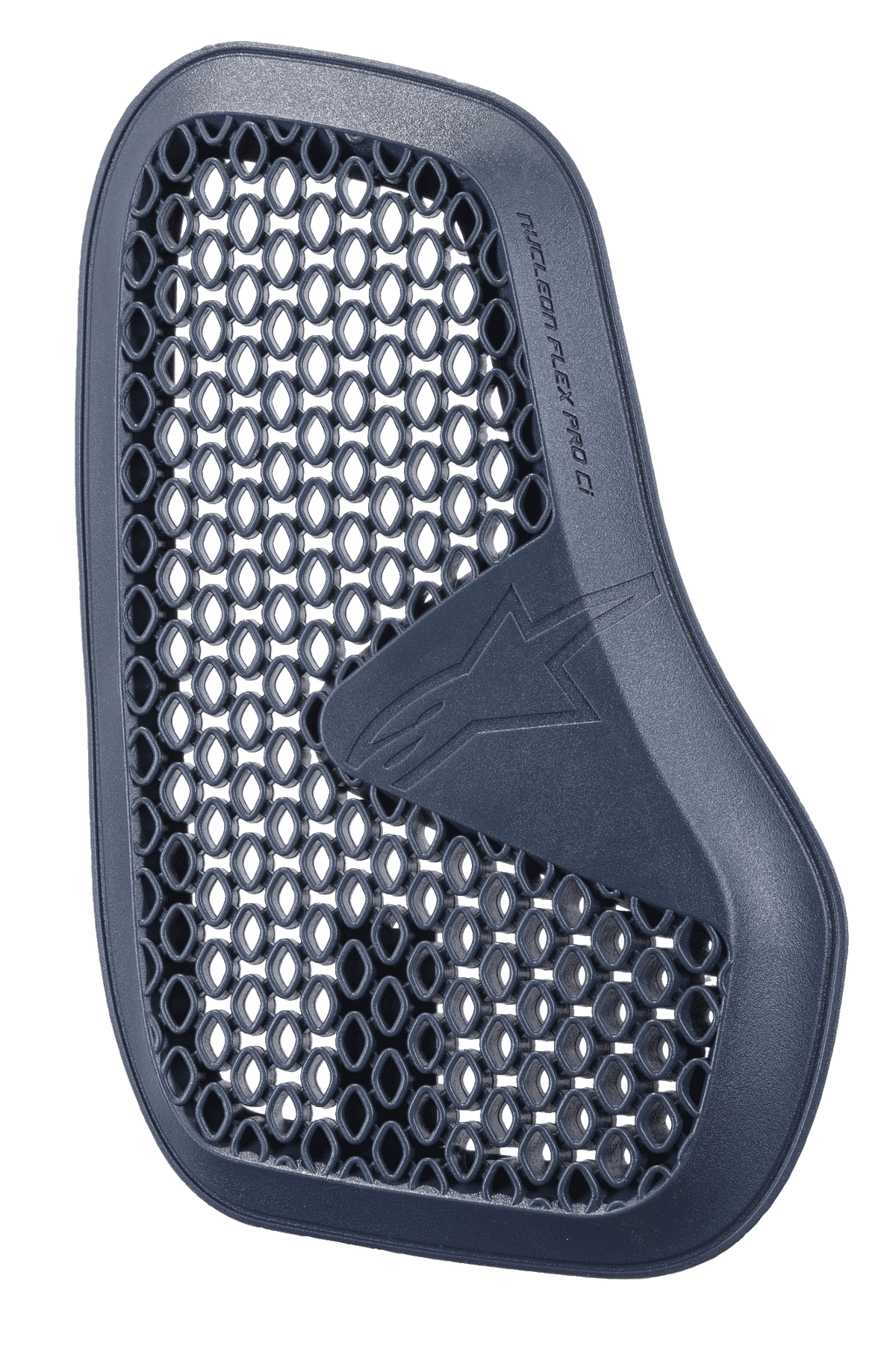 Alpinestars Nucleon Flex Pro Ci Protector, protector de pecho para moto en gris antracita, pieza izquierda de un conjunto dividido, microestructura de panal para ventilación y absorción de energía, logotipo de Alpinestars grabado, diseño ergonómico y ligero