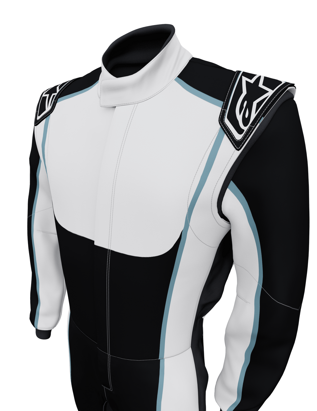 Alpinestars Tech Vision V3, traje personalizado a medida para carreras de automovilismo, negro y blanco con detalles en azul claro, logotipo en charreteras de los hombros, confeccionado en Nomex ignífugo con certificación FIA.