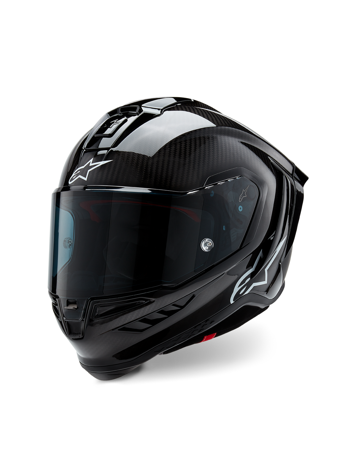Casco Alpinestars Supertech R10 Solid, casco de competición para moto, carbono negro mate y brillante con tejido de fibra de carbono visible, pantalla oscura, logotipos Astars blancos y diseño aerodinámico estilizado