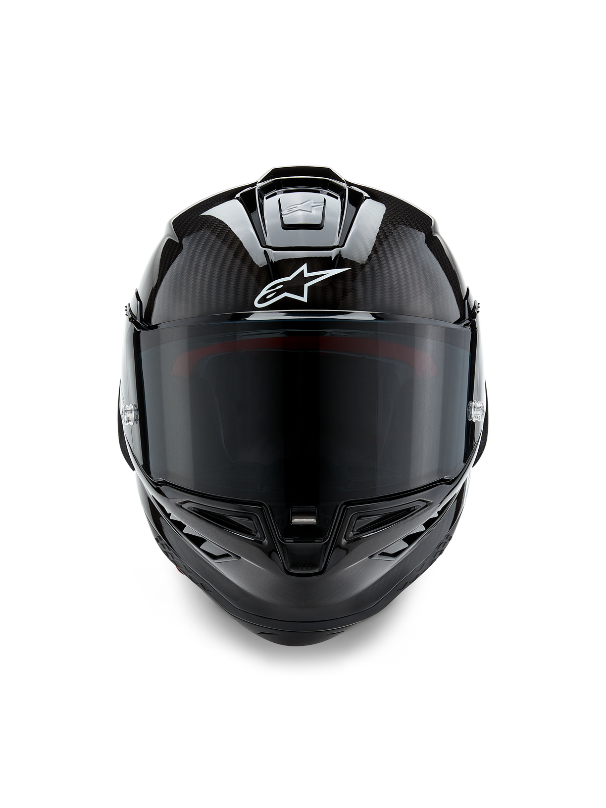 Casco Alpinestars Supertech R10 Solid, vista frontal, acabado en carbono negro mate y brillante, tejido de fibra de carbono visible, logotipo de Alpinestars blanco, pantalla ahumada oscura, casco aerodinámico de motociclismo para competición