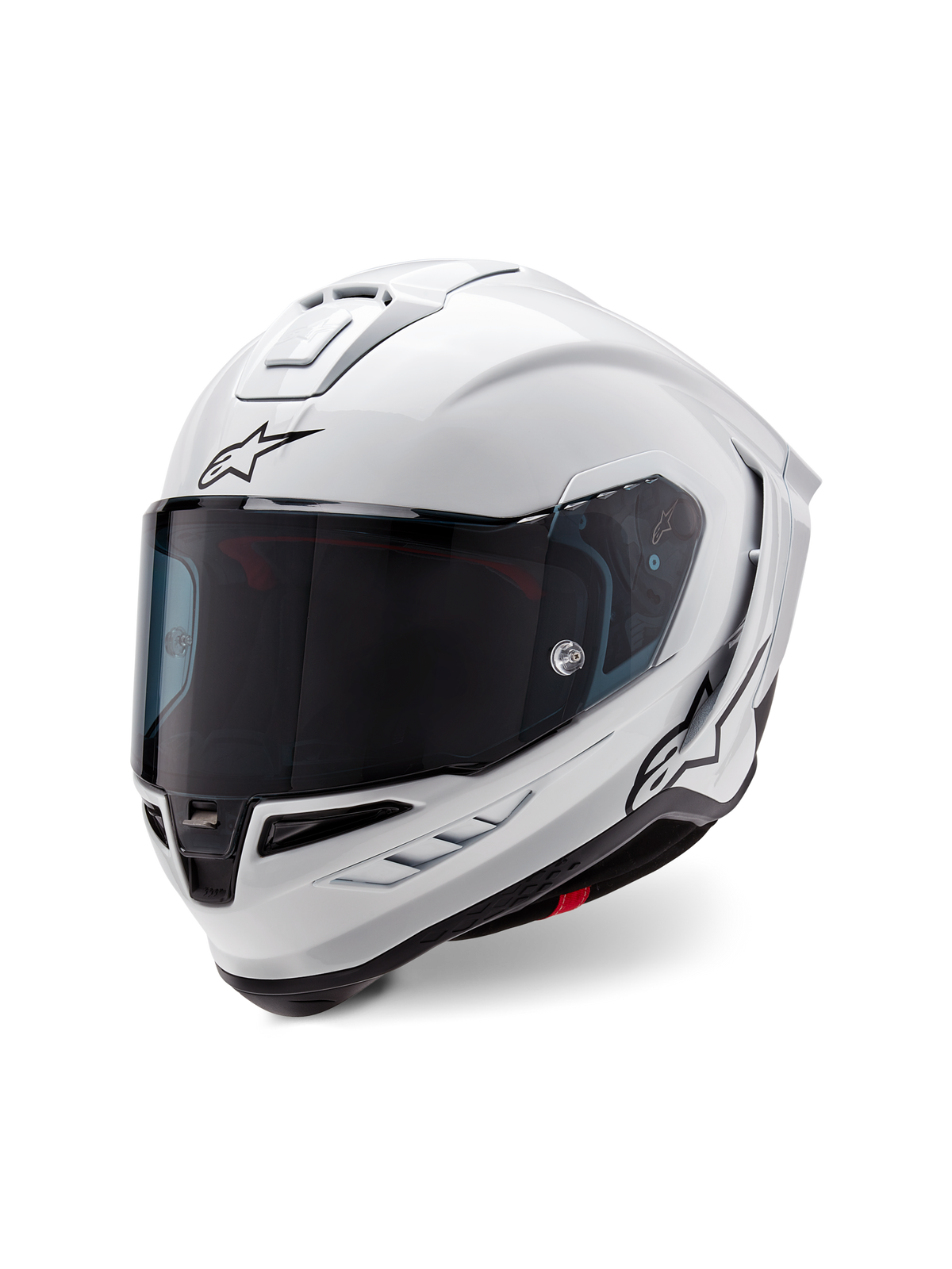 Casco Alpinestars Supertech R10 Solid, casco de carreras integral, blanco brillante con detalles en negro, con pantalla oscura, diseño de calota aerodinámico y logotipo de Alpinestars en la parte frontal y lateral