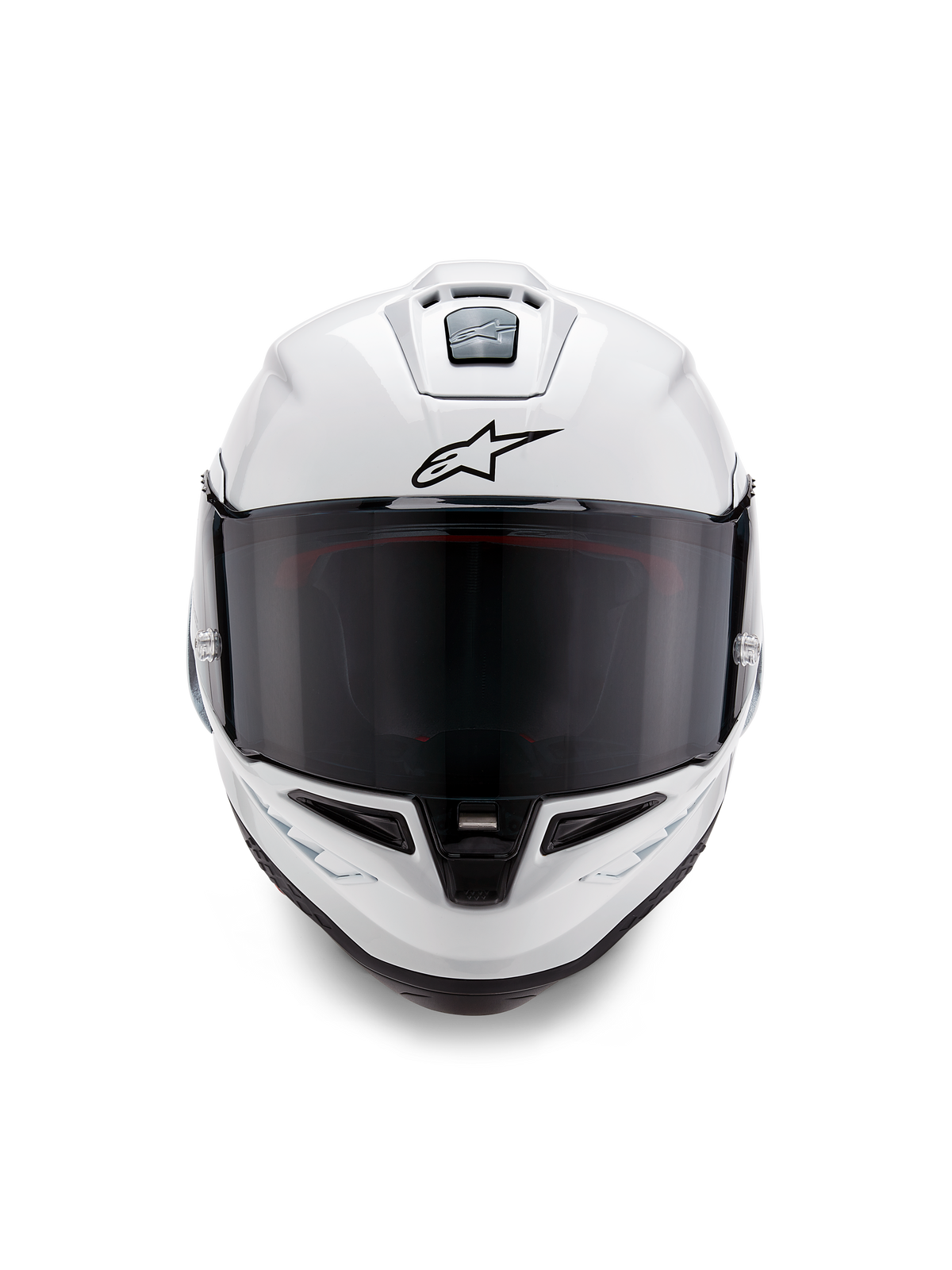 Casco Alpinestars Supertech R10 Solid, casco integral de carreras, blanco brillante con detalles en negro, vista frontal que muestra la visera ahumada oscura, sistema de ventilación aerodinámico y el logotipo de Astars en negro