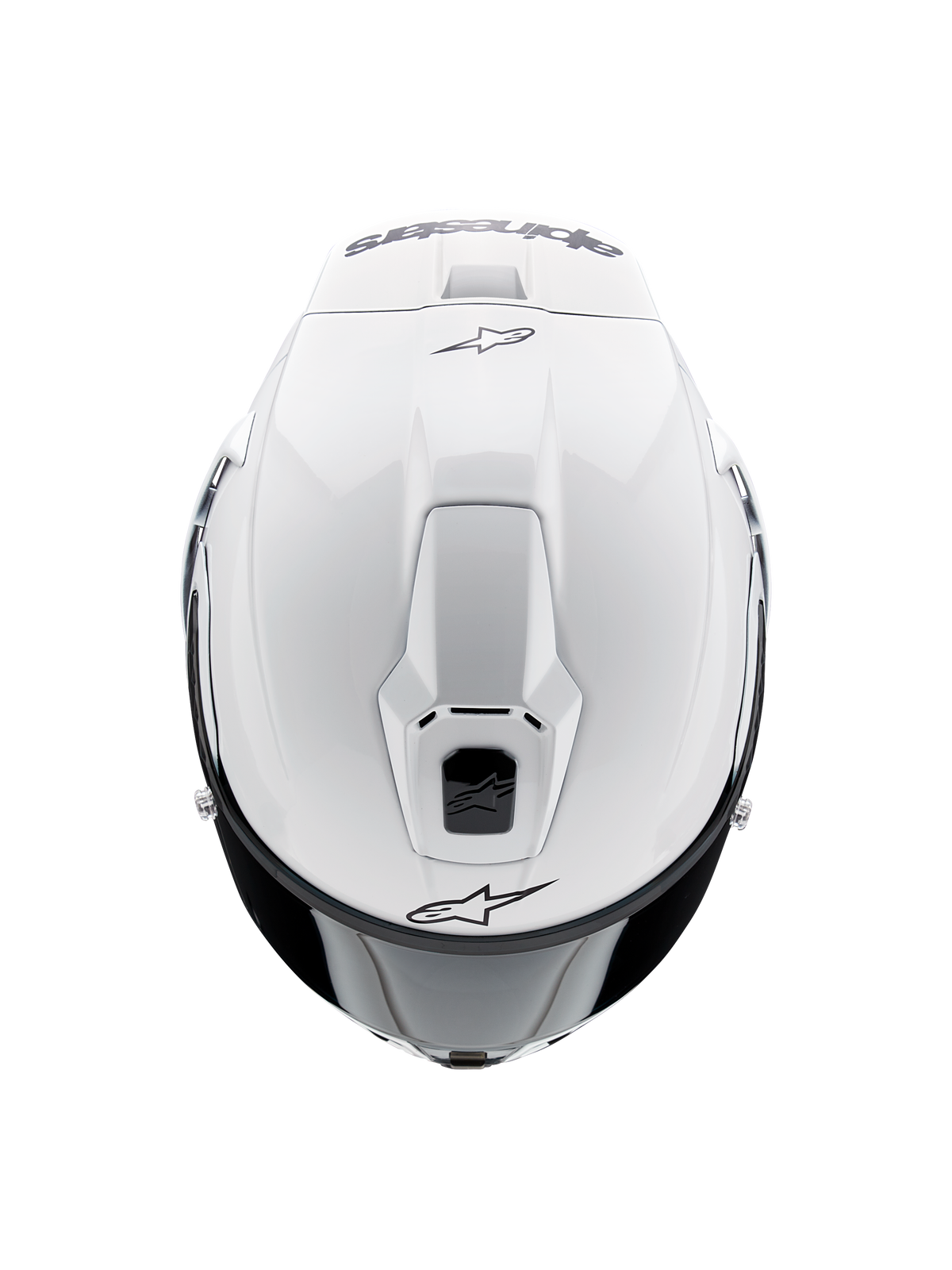 Casco Alpinestars Supertech R10 Solid, casco de moto integral, blanco brillante, vista superior que destaca las ventilaciones aerodinámicas y los logotipos negros de Alpinestars, perfil estilizado inspirado en las carreras.