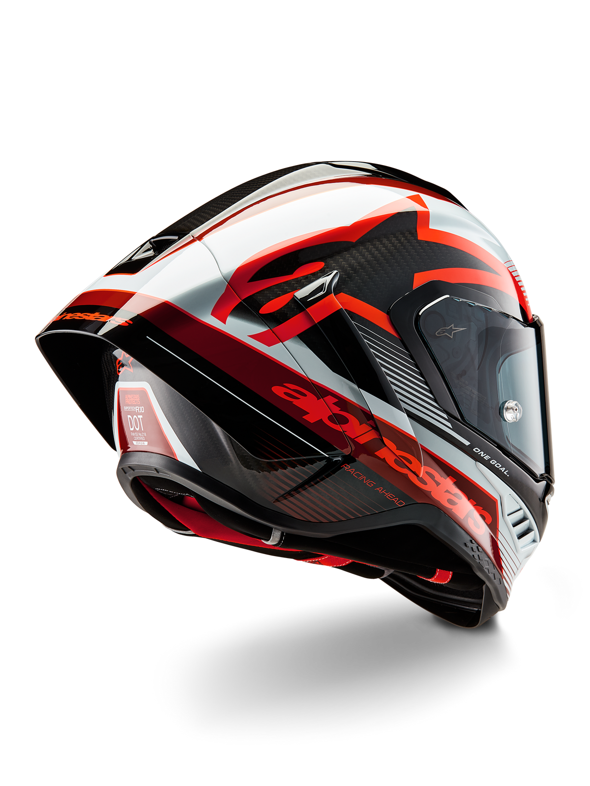 Casco Alpinestars Supertech R10 Team, casco integral de carreras, negro carbono, rojo y blanco brillante, diseño aerodinámico con alerón trasero y textura de fibra de carbono visible, con logotipos llamativos de Alpinestars y etiqueta de certificación DOT