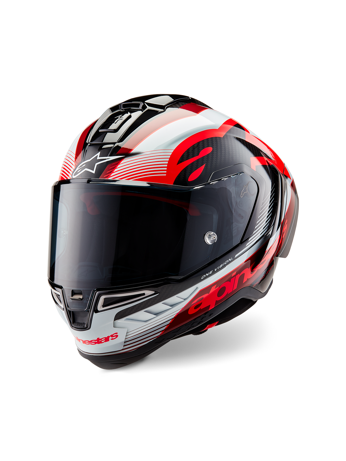 Casco Alpinestars Supertech R10 Team, casco integral para motocicleta, carbono negro brillante con gráficos rojos y blancos, calota aerodinámica, con logotipos destacados de Alpinestars y visera ahumada