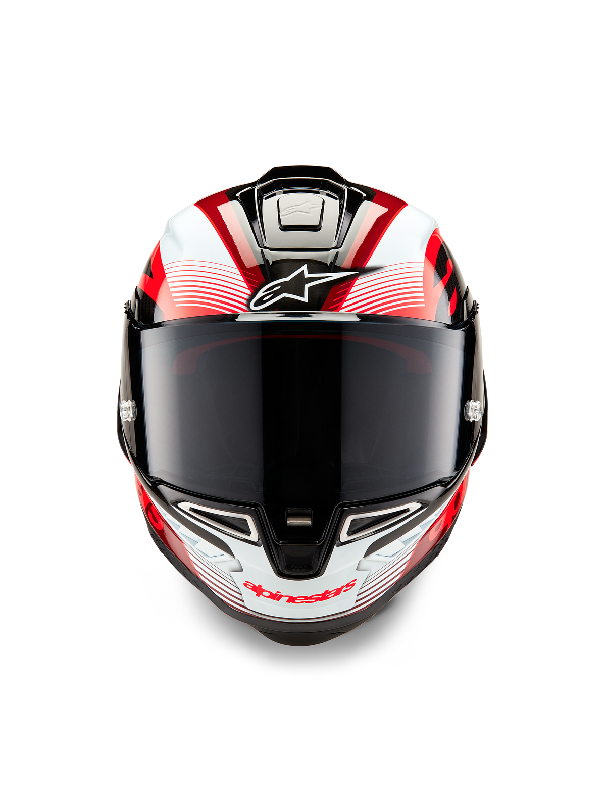 Casco Alpinestars Supertech R10 Team, vista frontal, negro carbono, rojo y blanco brillante, con visor ahumado oscuro, logo Astar blanco en la frente, marca Alpinestars roja en la mentonera, diseño aerodinámico de competición con gráficos detallados
