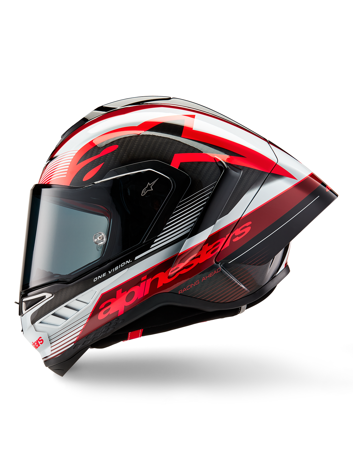 Casco Alpinestars Supertech R10 Team, casco integral de carreras para motocicleta, acabado brillante en carbono negro, rojo y blanco, perfil lateral que muestra el diseño aerodinámico, marca en rojo intenso con el texto 'One Vision' y 'Racing Ahead', construcción elegante en fibra de carbono para un rendimiento profesional.