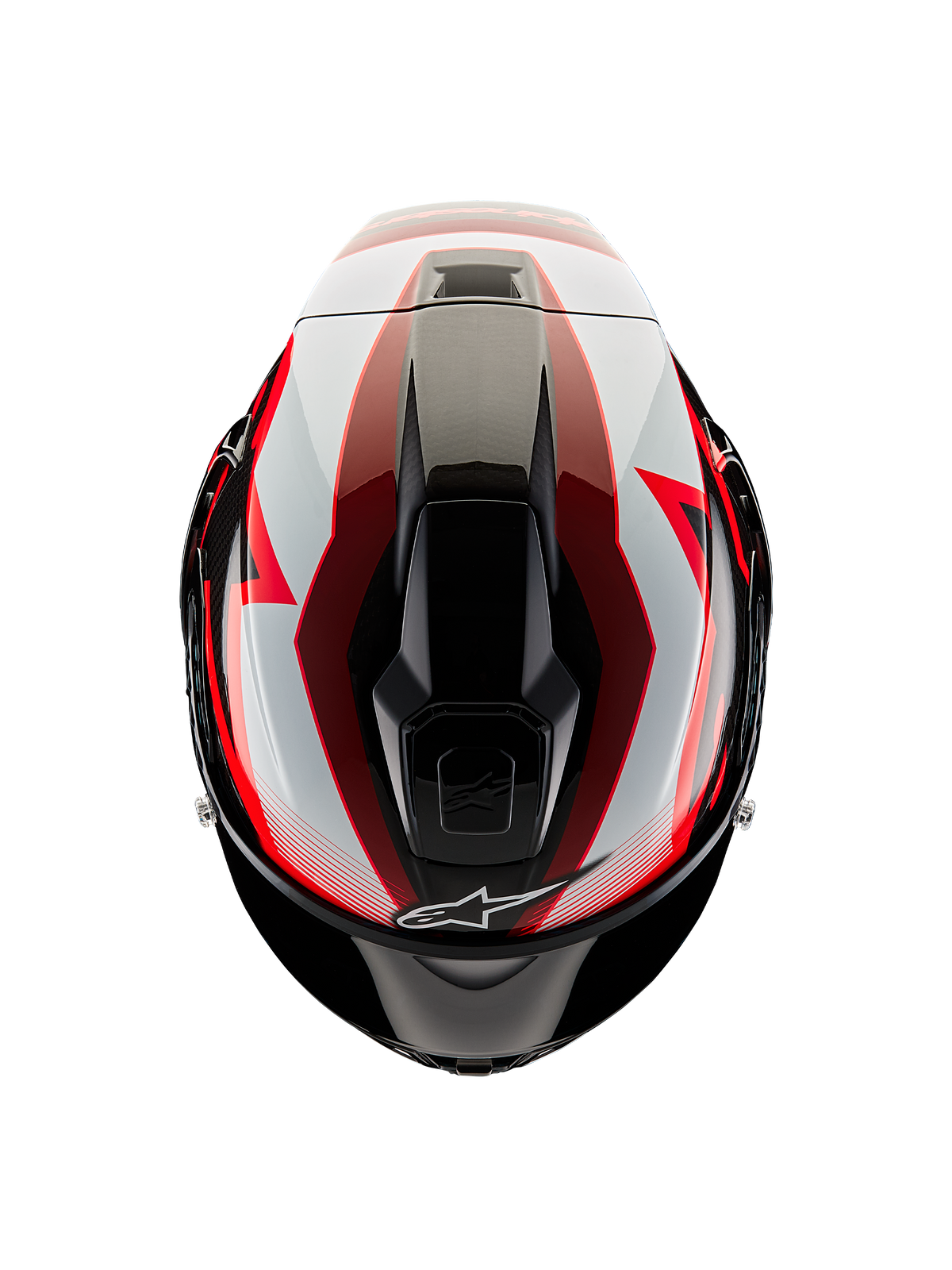 Casco Alpinestars Supertech R10 Team, vista superior, Carbono Negro, Rojo y Blanco Brillante, calota aerodinámica con puertos de ventilación centrales y gráficos de competición llamativos, casco de moto deportivo profesional.